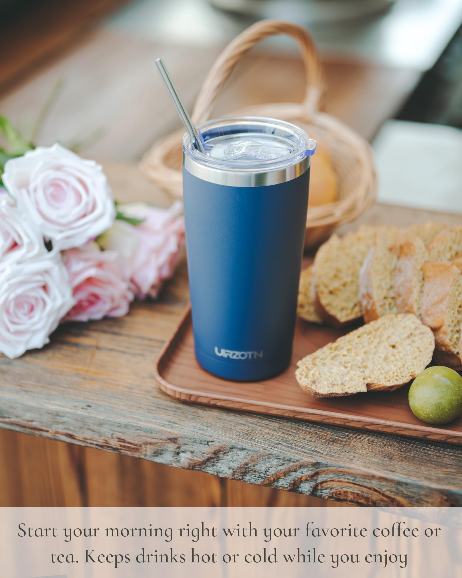 Travel Coffee Tumbler 20oz, Travel Coffee Mug with Dual Lids and Straw, Stainless Steel Double Wall Vacuum Insulated Tumbler for Hot/Iced Drinks (Textured Matte, Navy Blue)
