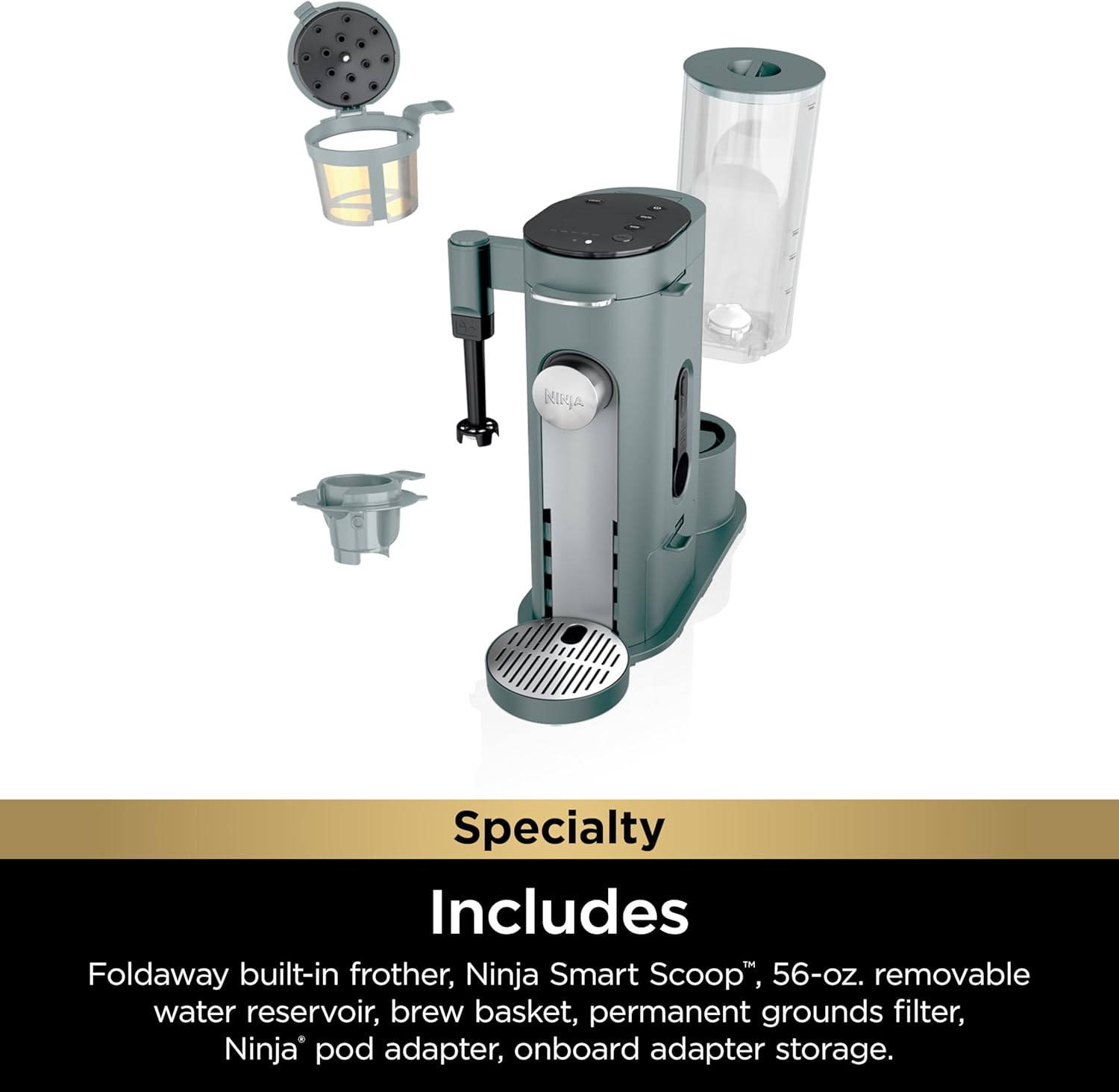 Ninja Pods & Grounds Specialty Single-Serve Coffee Maker, K-Cup Pod Compatible, Built-In Milk Frother, 6-oz. Cup to 24-oz. Travel Mug Sizes, Iced Coffee Maker, 1550 watts, Sage Green, PB051SG