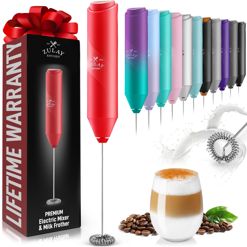 Zulay Kitchen Powerful Milk Frother AA Batteries Included – Ultra Fast Handheld Drink Mixer with Stainless Steel Whisk Stirrer for Coffee, Protein, Matcha & More, Frother Wand Electric Frothmate Black