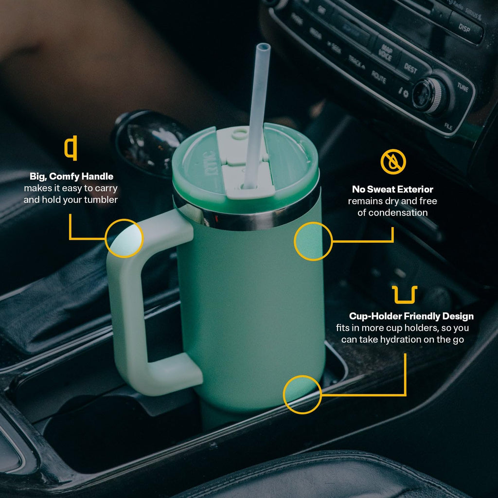 RTIC 40 oz Road Trip Tumbler Double-Walled Cermaic Lined Insulated Stainless Steel Portable Travel Coffee Mug Cup with Lid, Handle and Straw, Trailblazer