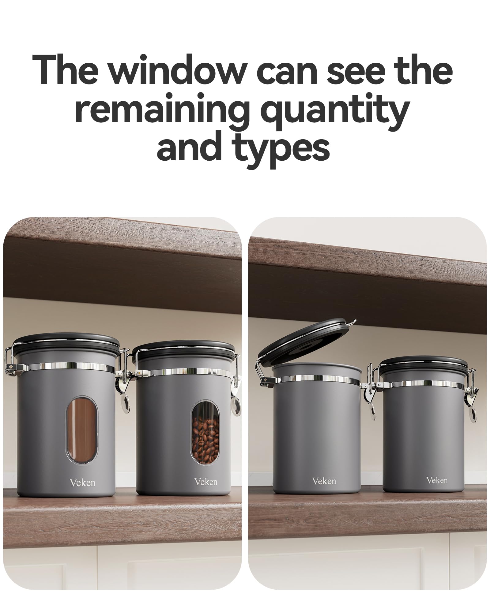 Veken Coffee Canister with Window,Airtight Stainless Steel Pantry Container,Home Kitchen Food Storage Organizers for Ground,Beans,Espresso,Rice,Tea,Sugar,Cereal, Decor,Bar Accessories,Gifts,22OZ,Black
