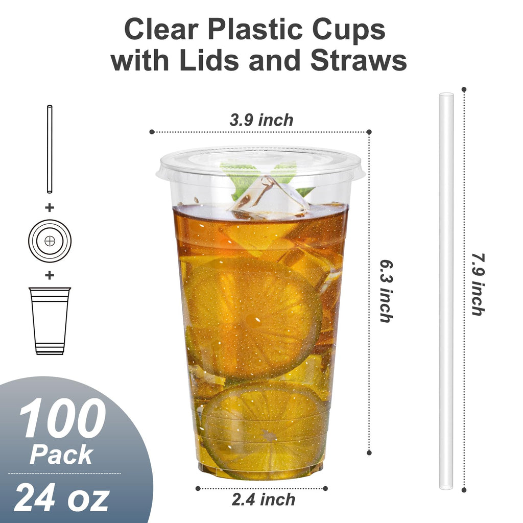 Dealusy 100 Pack - 20 oz Clear Plastic Cups with Lids and Straws, Sturdy & Food Safe Iced Coffee Cups with lids, Disposable Plastic Smoothie Cups for Cold Drinks