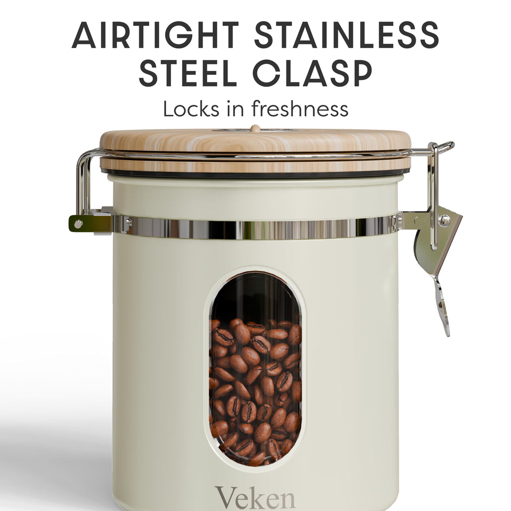 Veken Coffee Canister with Window,Airtight Stainless Steel Pantry Container,Home Kitchen Food Storage Organizers for Ground,Beans,Espresso,Rice,Tea,Sugar,Cereal, Decor,Bar Accessories,Gifts,22OZ,Black