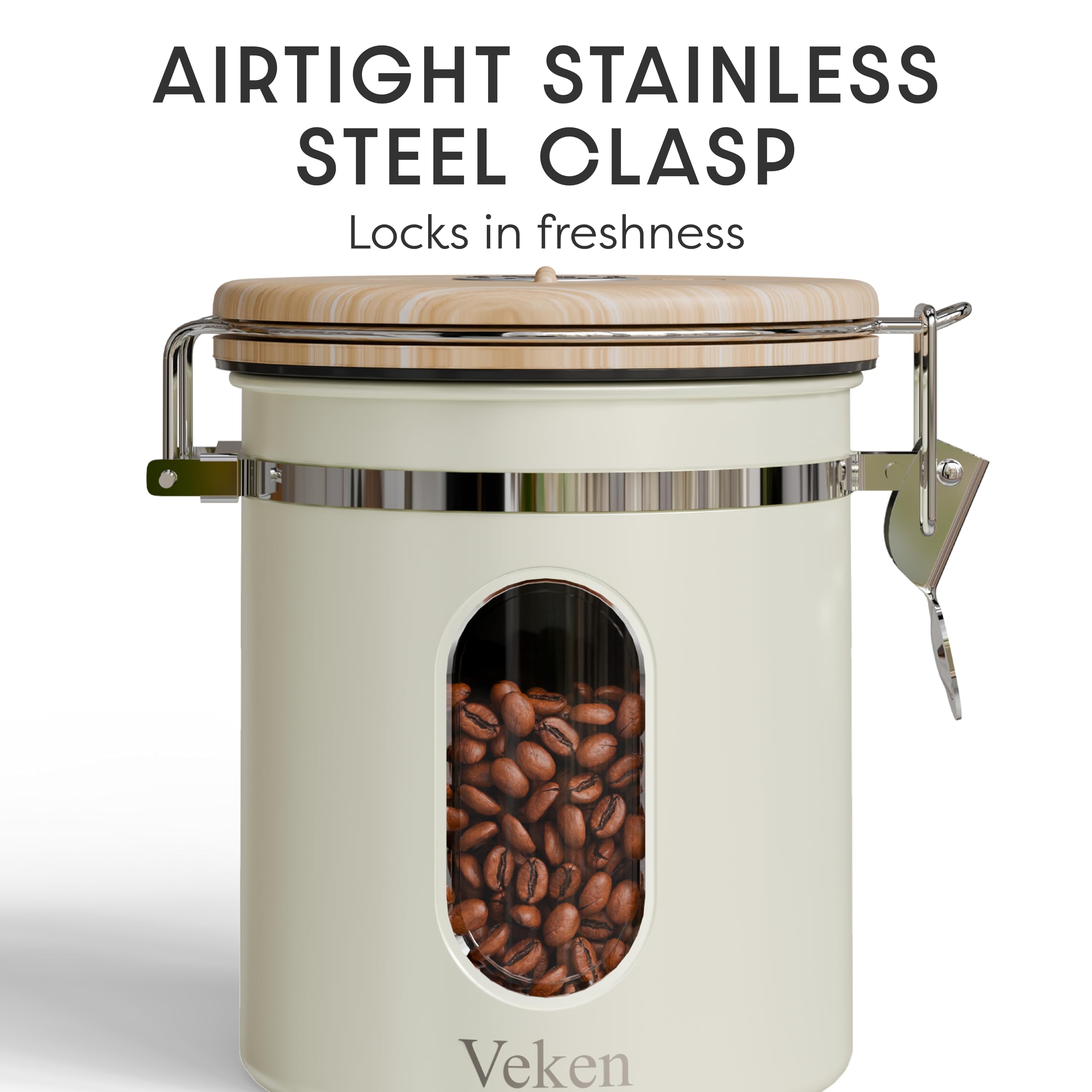 Veken Coffee Canister with Window,Airtight Stainless Steel Pantry Container,Home Kitchen Food Storage Organizers for Ground,Beans,Espresso,Rice,Tea,Sugar,Cereal, Decor,Bar Accessories,Gifts,22OZ,Black
