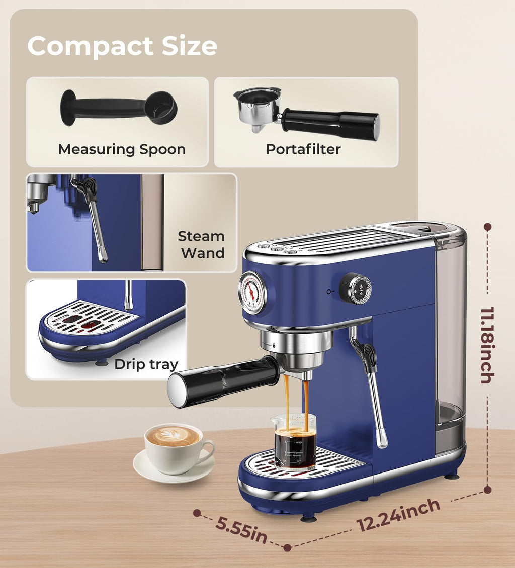 atatix Espresso Machine with Milk Frother, 20 Bar Pressure Espresso Maker, with 44OZ Removable Tank, Compact Stainless Steel Coffee Machine for Home, Office, Latte, Cappuccino, Macchiato, Silver