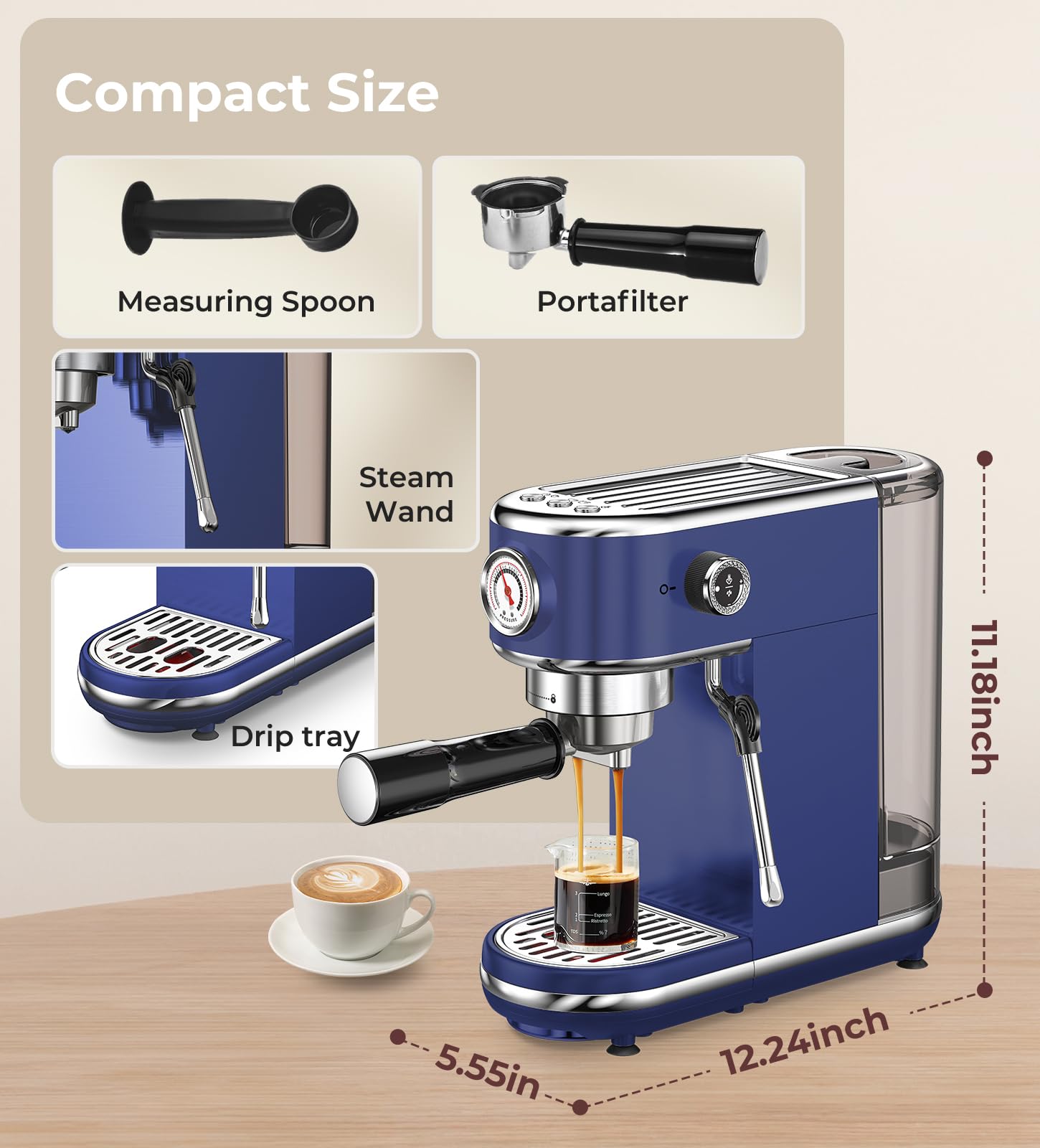 atatix Espresso Machine with Milk Frother, 20 Bar Pressure Espresso Maker, with 44OZ Removable Tank, Compact Stainless Steel Coffee Machine for Home, Office, Latte, Cappuccino, Macchiato, Silver