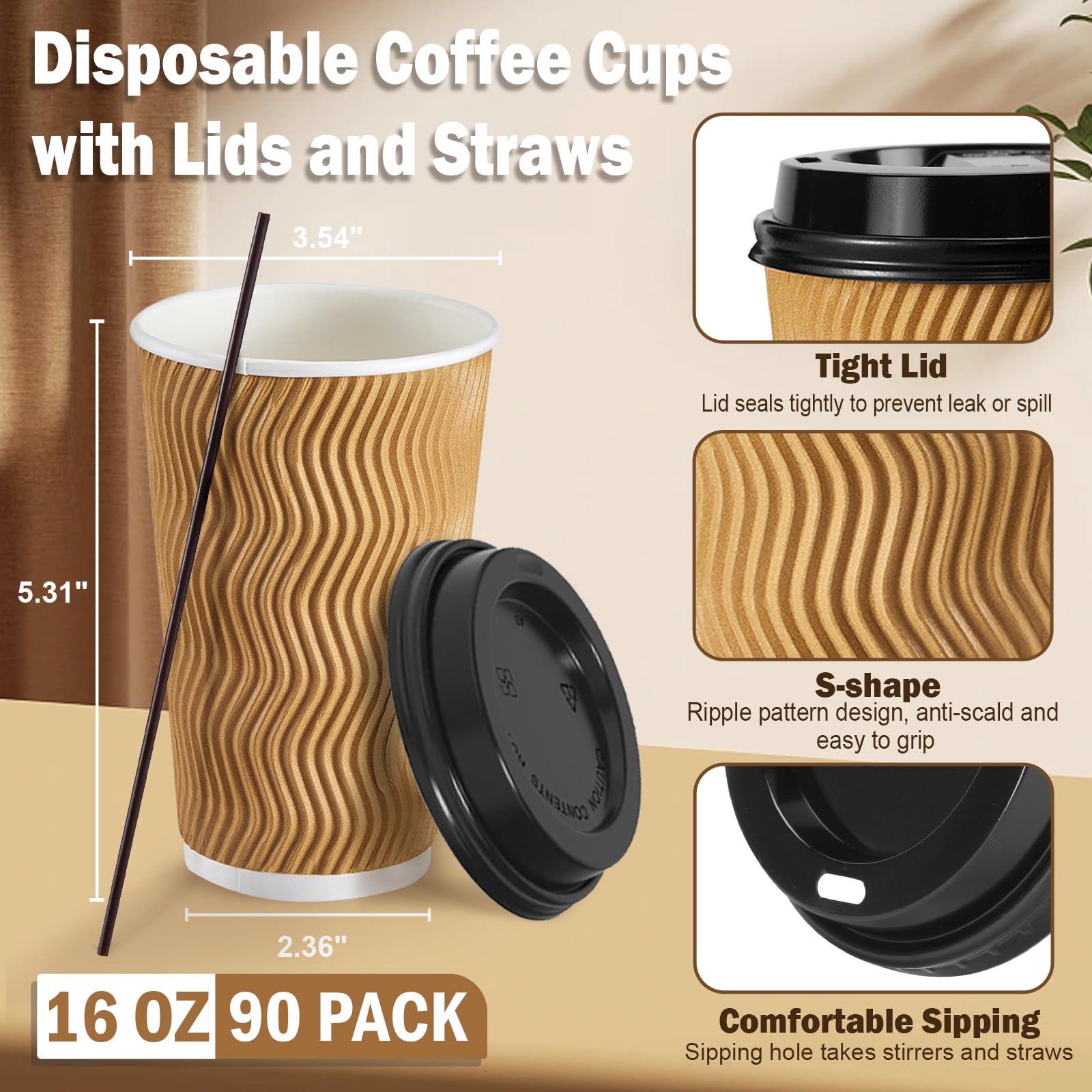 SIUQ 12 oz Coffee Cups-90 Pack Disposable Coffee Cups with Lids and Straws, Insulated Ripple Wall To Go Paper Coffee Cup for Coffee, Hot Chocolate and Hot Tea Drinks - Champagne