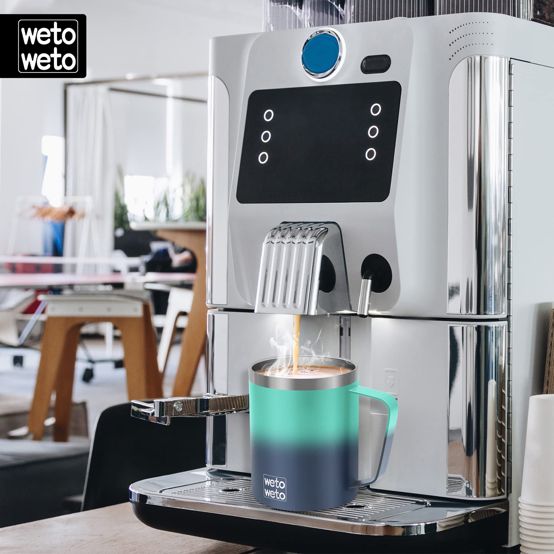 WETOWETO Coffee Mug with Handle, 14oz Insulated Stainless Steel Coffee Travel Mug, Double Wall Vacuum Reusable Coffee Cup with Lid, Powder Coated Rose Gold