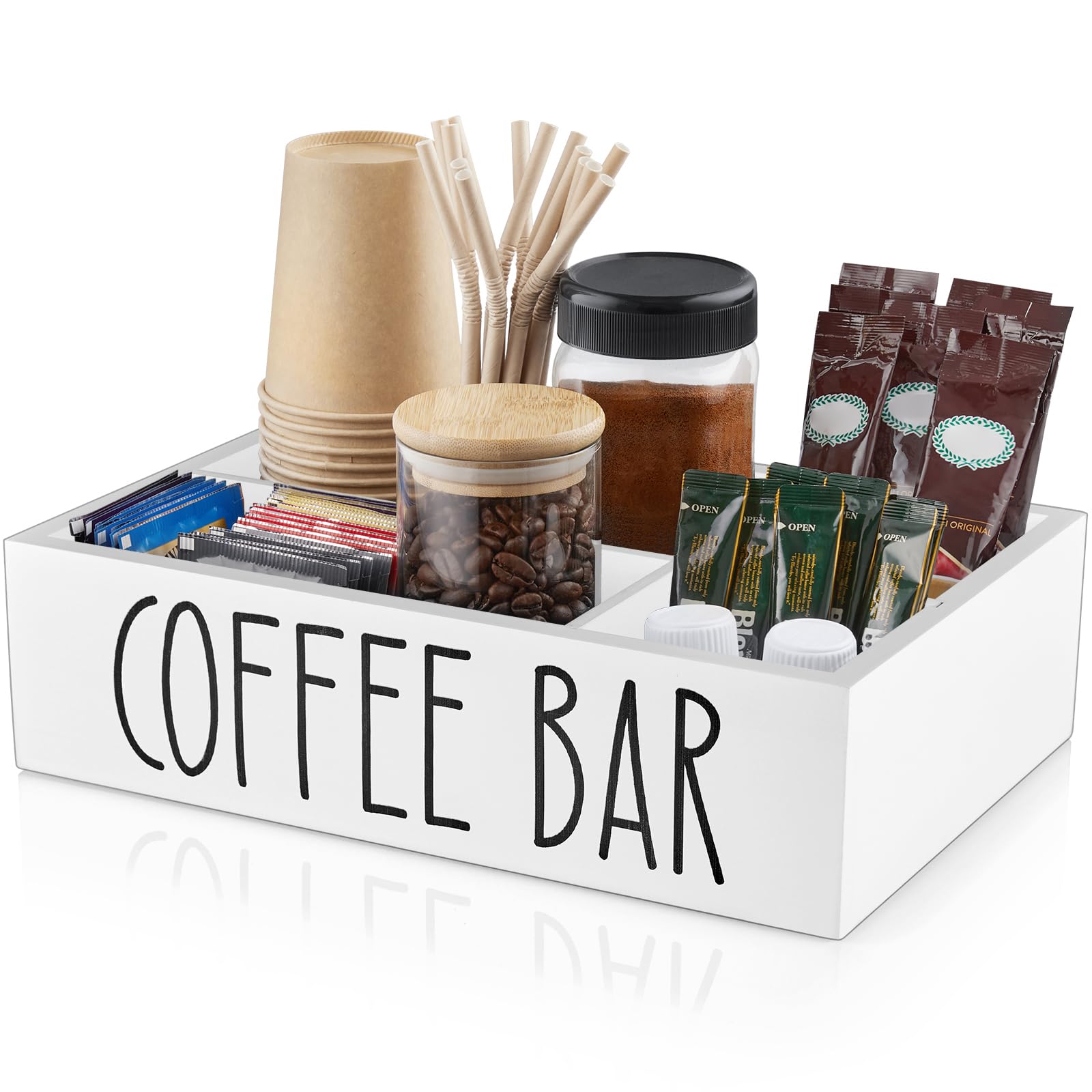 ALELION Coffee Station Organizer - Wood Countertop Accessories Organizer with Removable Dividers for Pods Condiment Syrup Tea Cups Stirrers - for Farmhouse Coffee Bar Decor