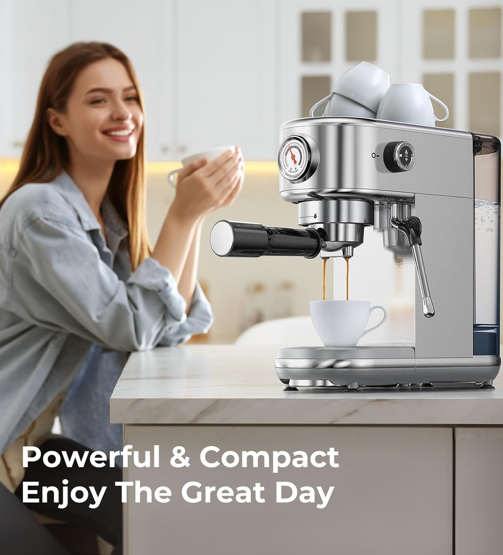 Espresso Machine with Milk Frother, 20 Bar Pressure Espresso Maker, with 44OZ Removable Tank, Compact Stainless Steel Coffee Machine for Home, Office, Latte, Cappuccino, Gift for Women or Men