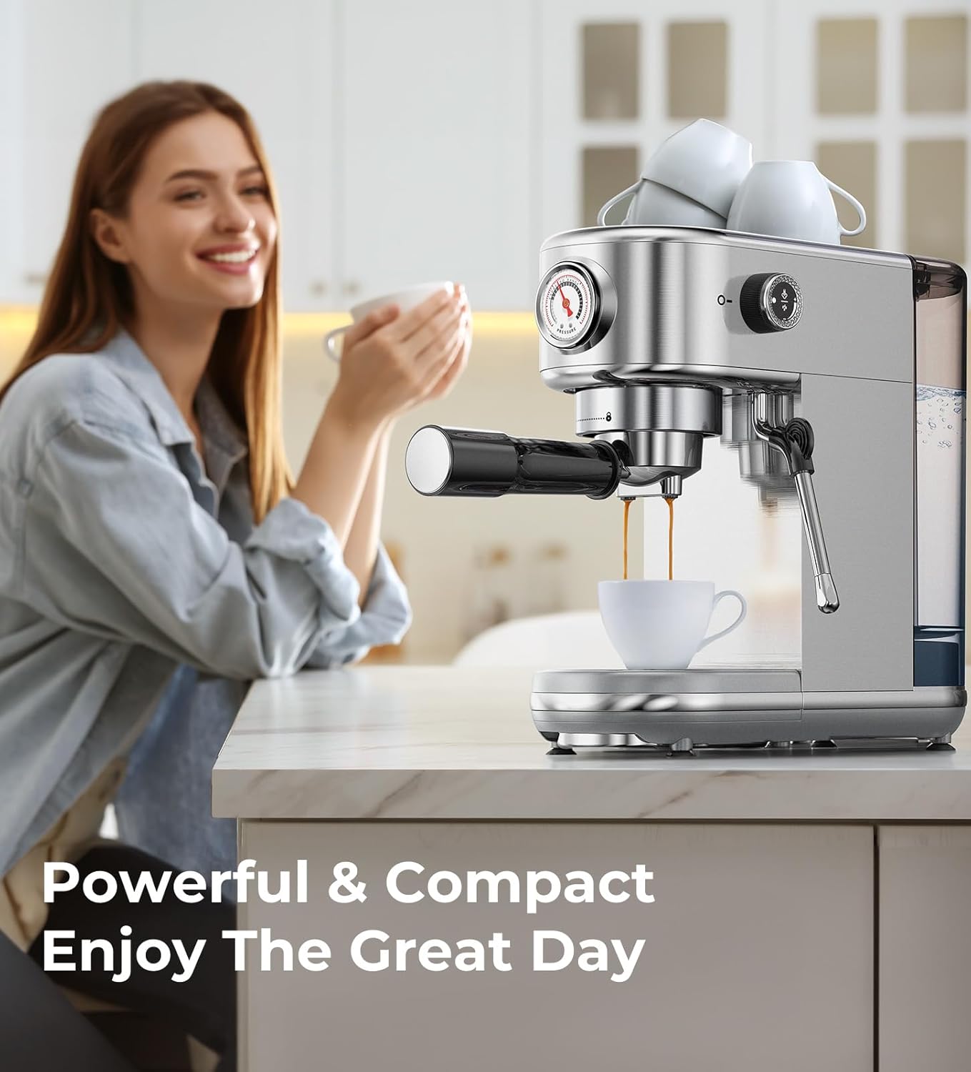 Espresso Machine with Milk Frother, 20 Bar Pressure Espresso Maker, with 44OZ Removable Tank, Compact Stainless Steel Coffee Machine for Home, Office, Latte, Cappuccino, Gift for Women or Men