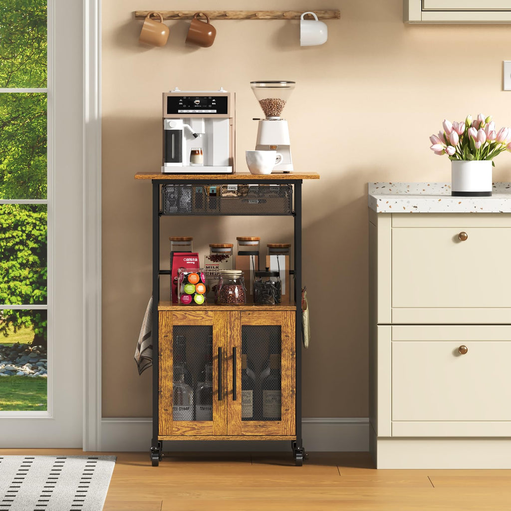 Hencawima Coffee Bar Cabinet, 3 Tier Coffee Station Table on Wheels, 35.9" H Bar Cart with Wire Basket Drawer & 5 Hooks for Home Kitchen, Liquor Buffet Sideboard Cabinet (Rustic Brown)
