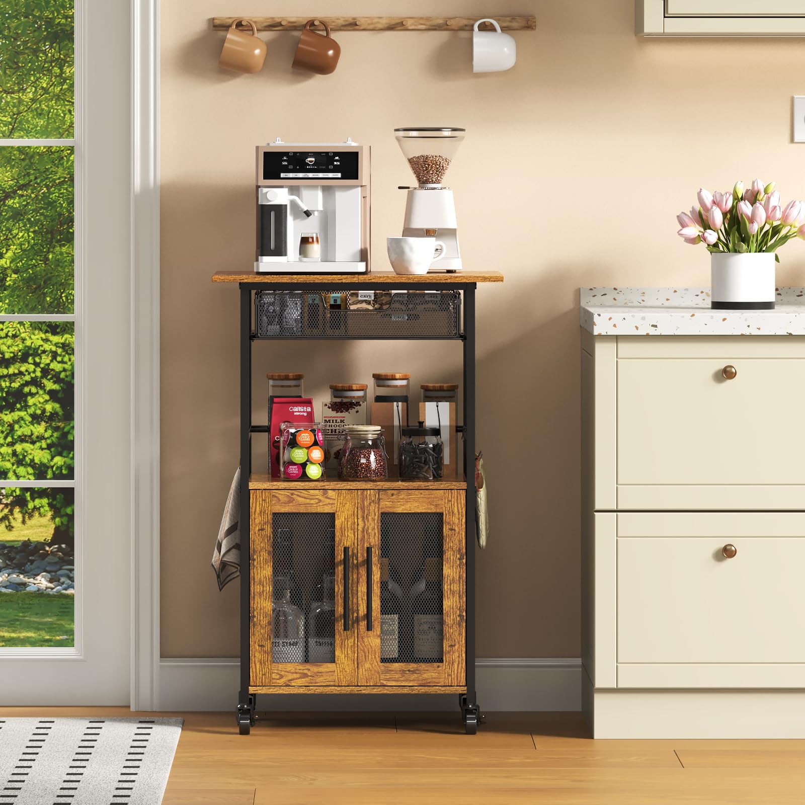 Hencawima Coffee Bar Cabinet, 3 Tier Coffee Station Table on Wheels, 35.9" H Bar Cart with Wire Basket Drawer & 5 Hooks for Home Kitchen, Liquor Buffet Sideboard Cabinet (Rustic Brown)