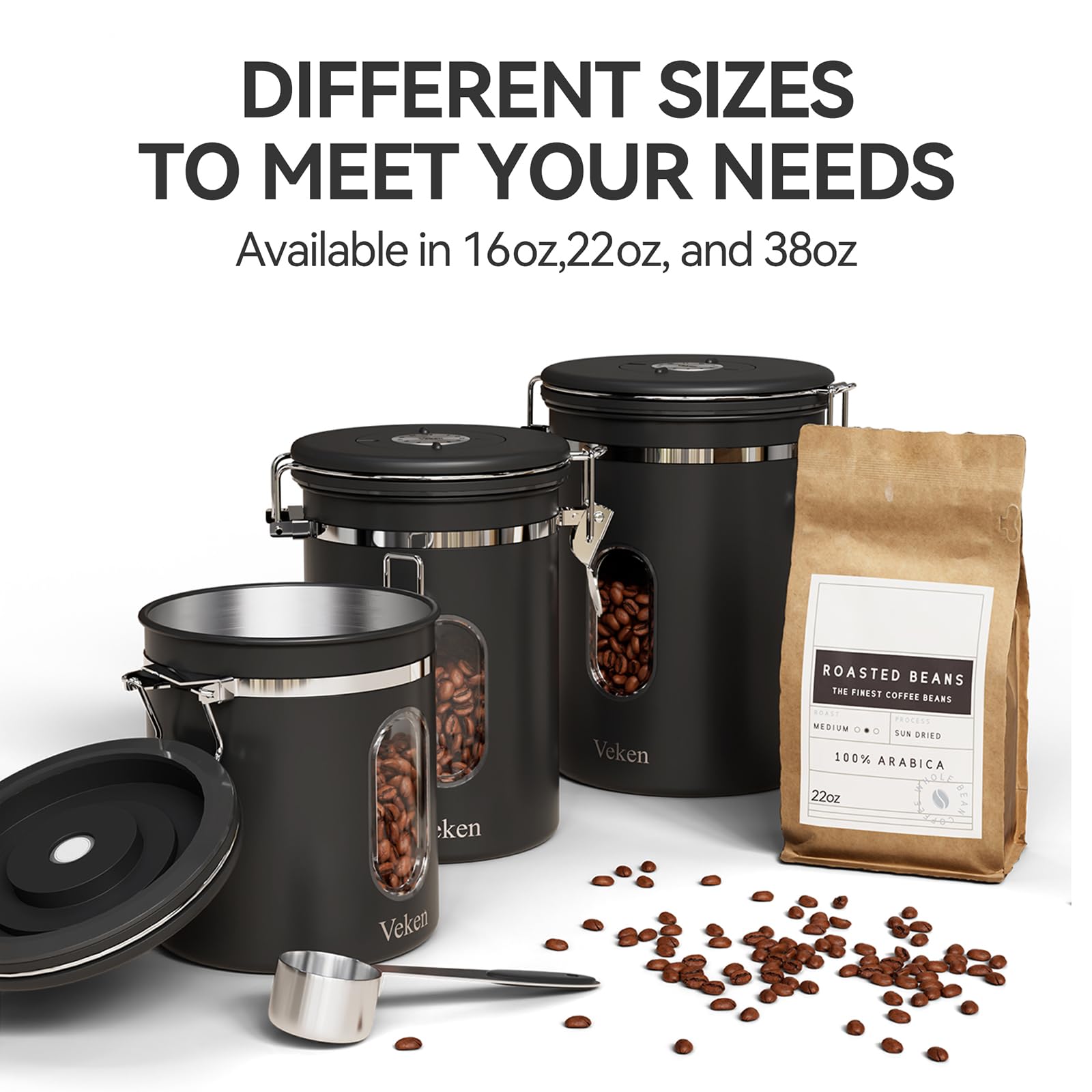 Veken Coffee Canister with Window,Airtight Stainless Steel Pantry Container,Home Kitchen Food Storage Organizers for Ground,Beans,Espresso,Rice,Tea,Sugar,Cereal, Decor,Bar Accessories,Gifts,22OZ,Black