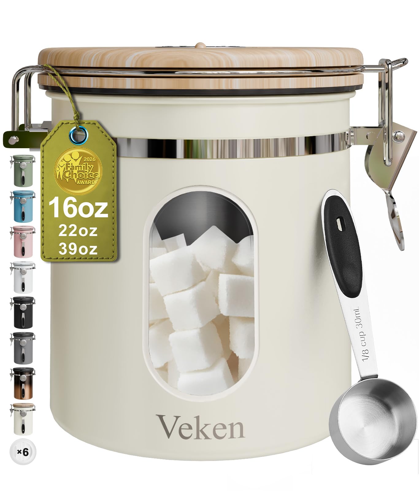 Veken Coffee Canister with Window,Airtight Stainless Steel Pantry Container,Kitchen Food Storage Organizers for Beans,Ground,Espresso,Rice,Tea,Sugar, Cereal, Bar Accessories,Gifts,Lids,Jars,22OZ,Black