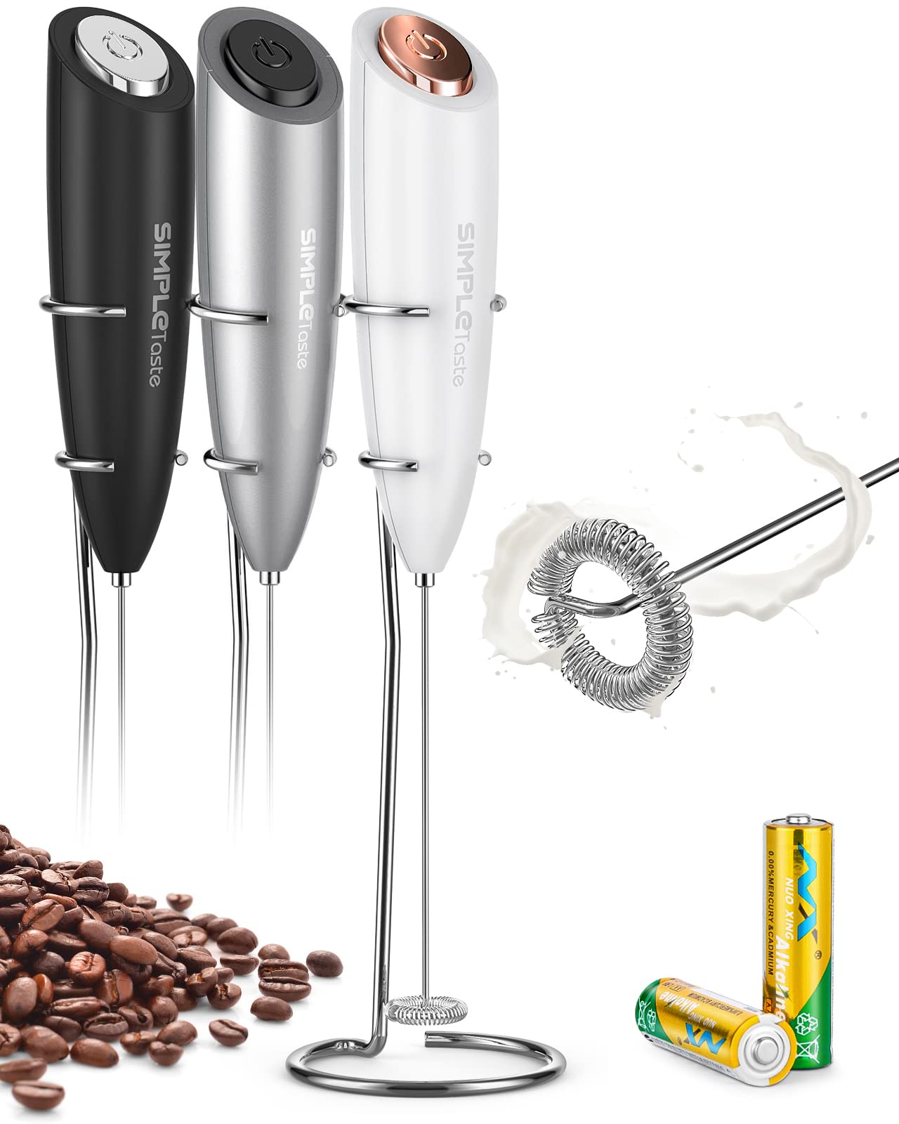 SIMPLETASTE Milk Frother Handheld Electric Foam Maker, Drink Mixer with Stainless Steel Whisk for Cappuccino, Bulletproof Coffee, Latte, Gray, with Stand, Battery Operated