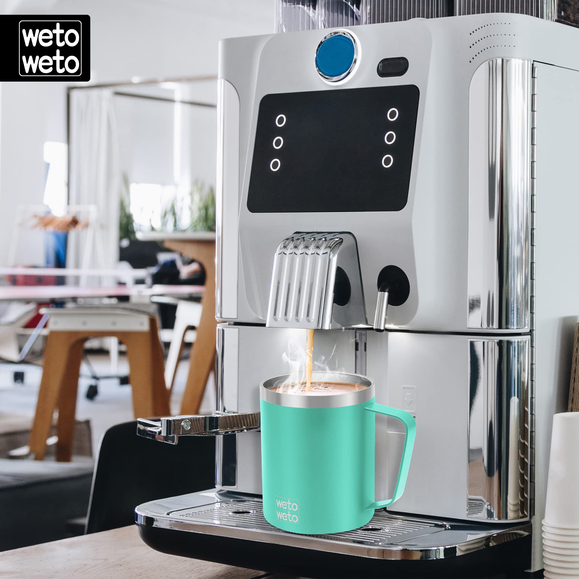 WETOWETO Coffee Mug with Handle, 14oz Insulated Stainless Steel Coffee Travel Mug, Double Wall Vacuum Reusable Coffee Cup with Lid, Powder Coated Rose Gold