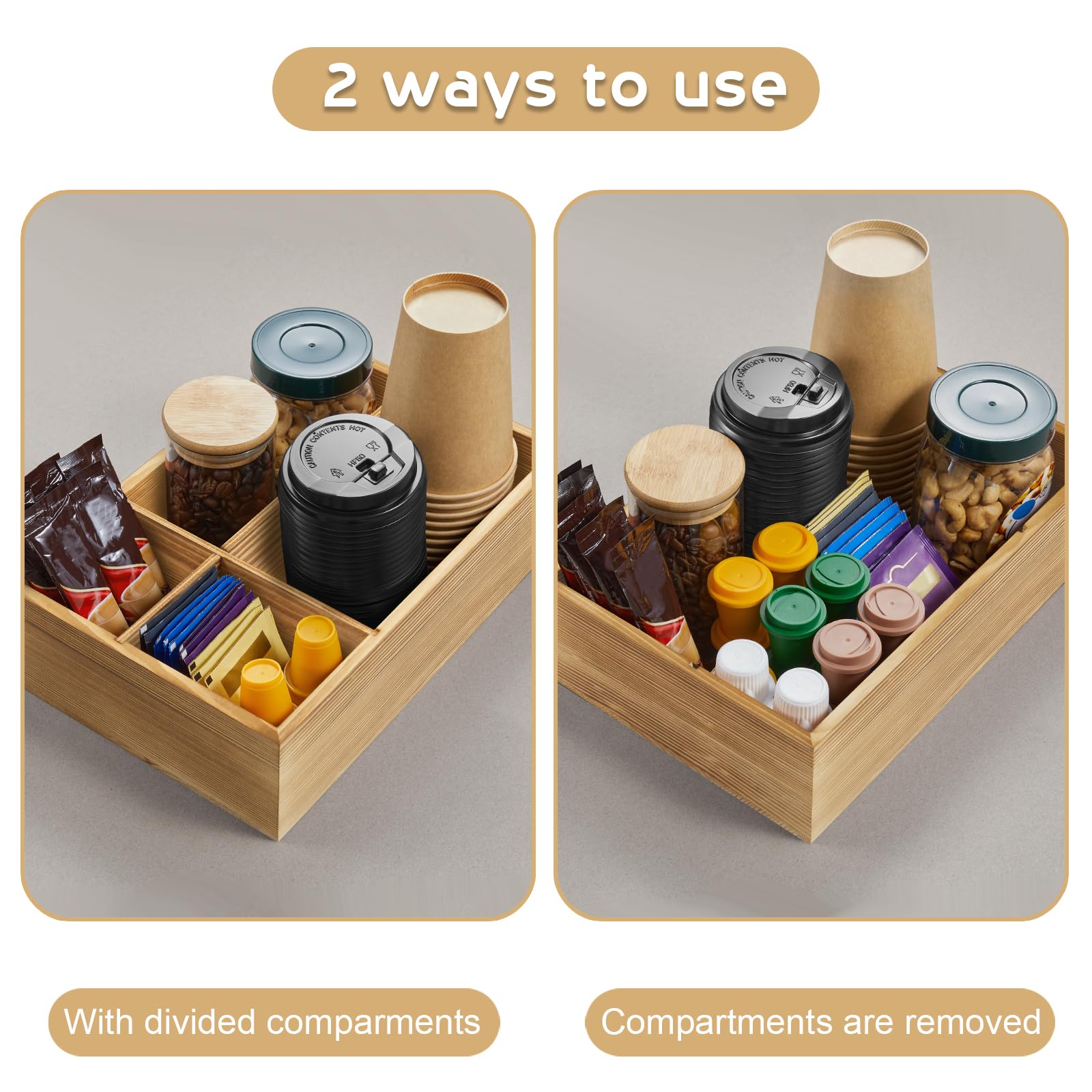 ALELION Coffee Station Organizer - Wood Countertop Accessories Organizer with Removable Dividers for Pods Condiment Syrup Tea Cups Stirrers - for Farmhouse Coffee Bar Decor