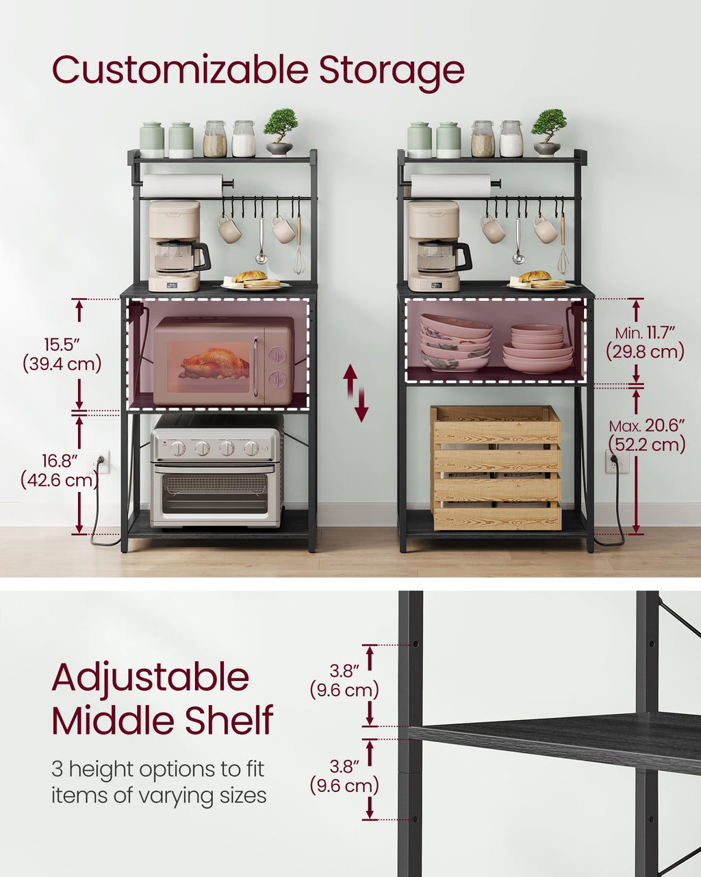 VASAGLE BARNET Collection - Kitchen Bakers Rack with Power Outlet, 31.5-Inch Wide Coffee Bar 4-Tier with 8 S Hooks, Modern Microwave Stand, Adjustable Shelf, Rustic Brown and Ink Black UKKS029KD01