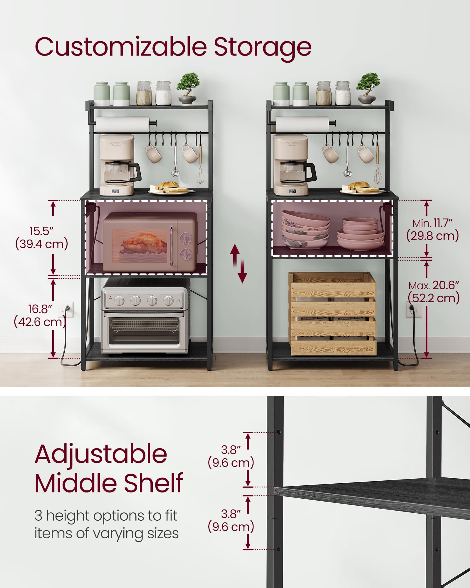 VASAGLE BARNET Collection - Kitchen Bakers Rack with Power Outlet, 31.5-Inch Wide Coffee Bar 4-Tier with 8 S Hooks, Modern Microwave Stand, Adjustable Shelf, Rustic Brown and Ink Black UKKS029KD01