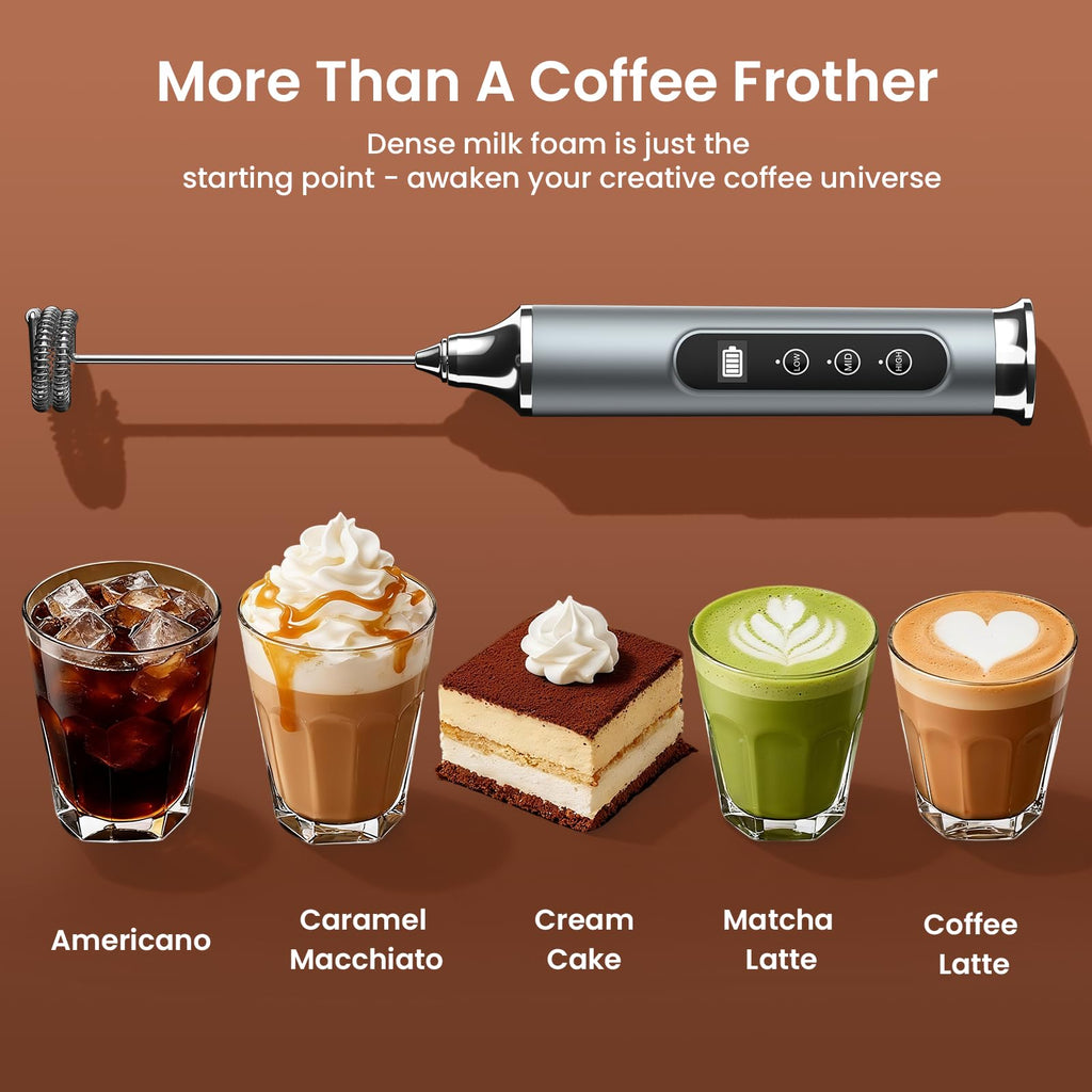 YUSWKO Milk Frother Wand for Coffee, Handheld Coffee Frother, Rechargeable Drink Mixer, Waterproof Electric Whisk, Black