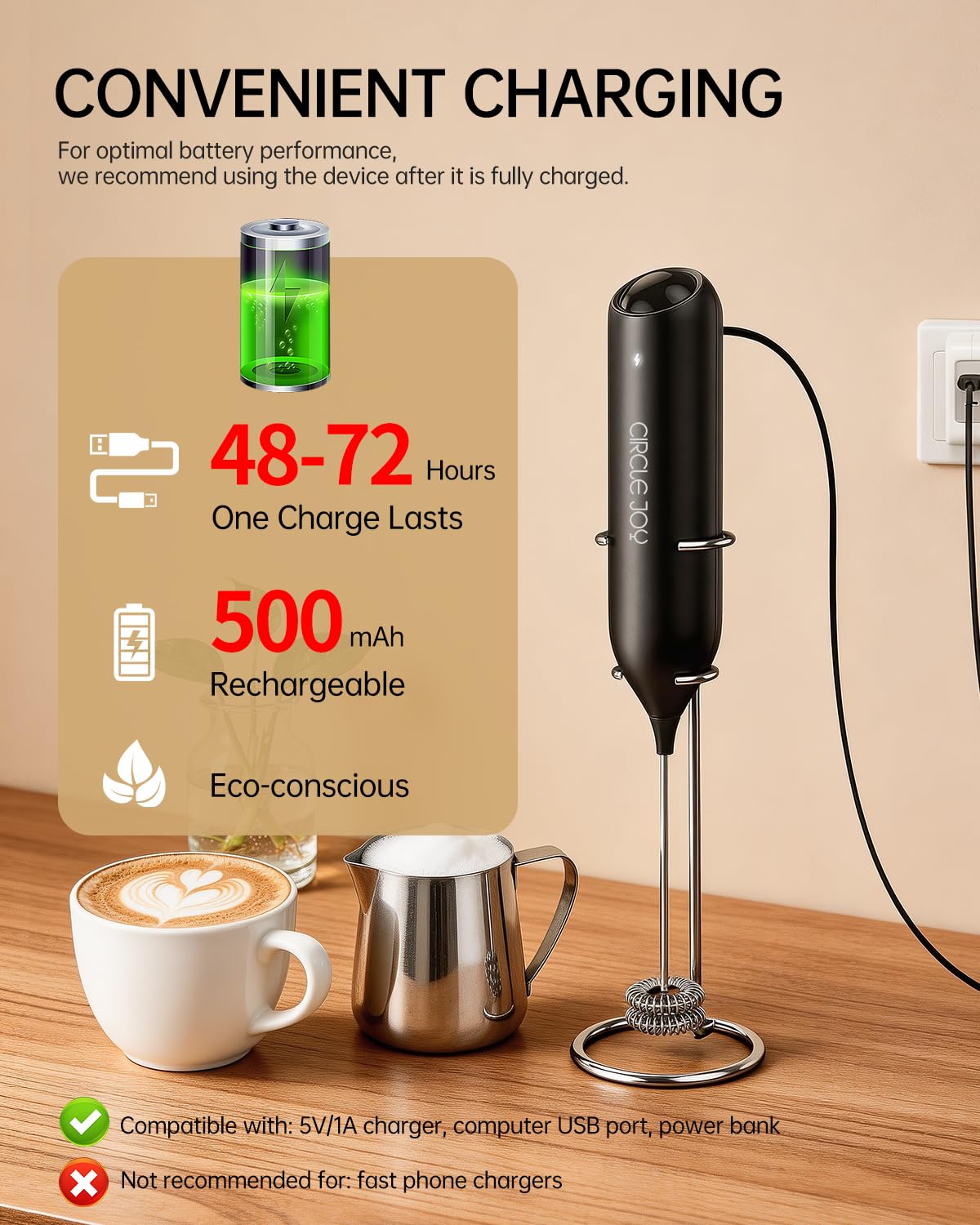 CIRCLE JOY Rechargeable Milk Frother Hanheld, Dual Coil Whisk Head Electric Coffee Frother, Portable Hand Frother Wand Drink Mixer for Matcha Lattes Cappuccino, Kitchen Gifts, Black