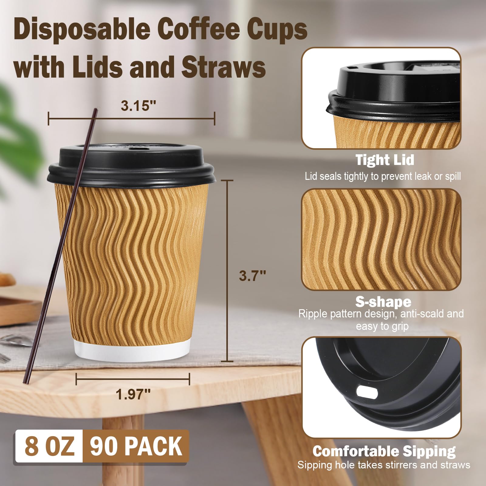 SIUQ 12 oz Coffee Cups-90 Pack Disposable Coffee Cups with Lids and Straws, Insulated Ripple Wall To Go Paper Coffee Cup for Coffee, Hot Chocolate and Hot Tea Drinks - Champagne