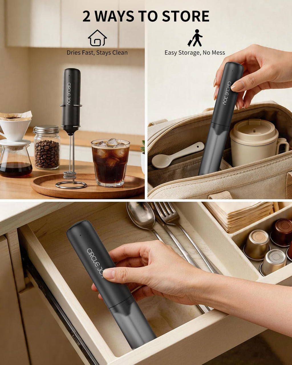 CIRCLE JOY Rechargeable Milk Frother Hanheld, Dual Coil Whisk Head Electric Coffee Frother, Portable Hand Frother Wand Drink Mixer for Matcha Lattes Cappuccino, Kitchen Gifts, Black