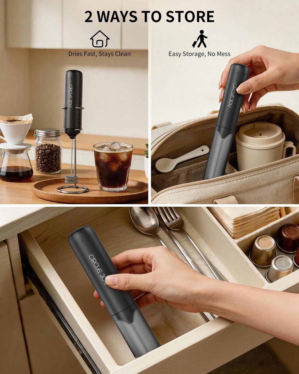 CIRCLE JOY Rechargeable Milk Frother Hanheld, Dual Coil Whisk Head Electric Coffee Frother, Portable Hand Frother Wand Drink Mixer for Matcha Lattes Cappuccino, Kitchen Gifts, Black