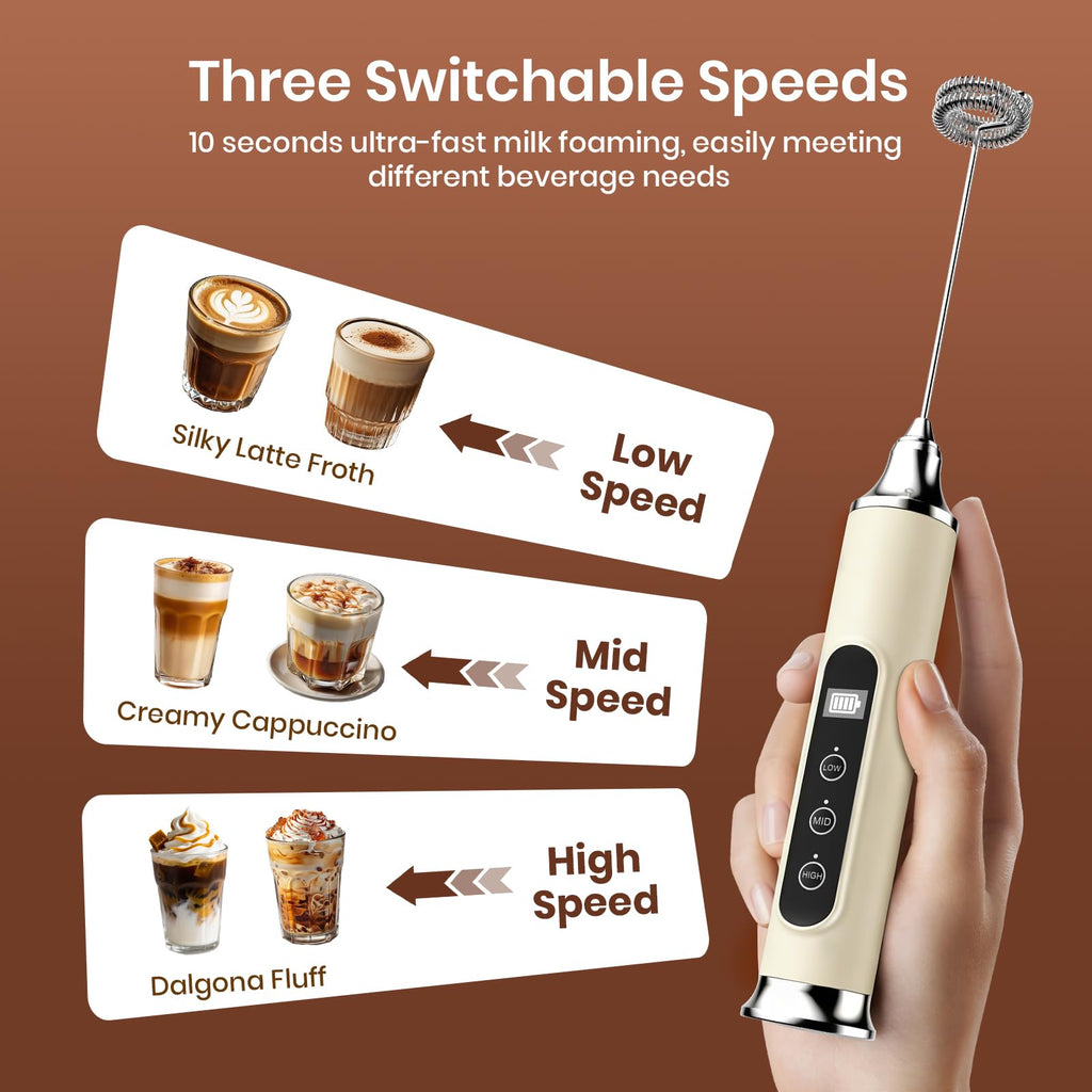 YUSWKO Milk Frother Wand for Coffee, Handheld Coffee Frother, Rechargeable Drink Mixer, Waterproof Electric Whisk, Black