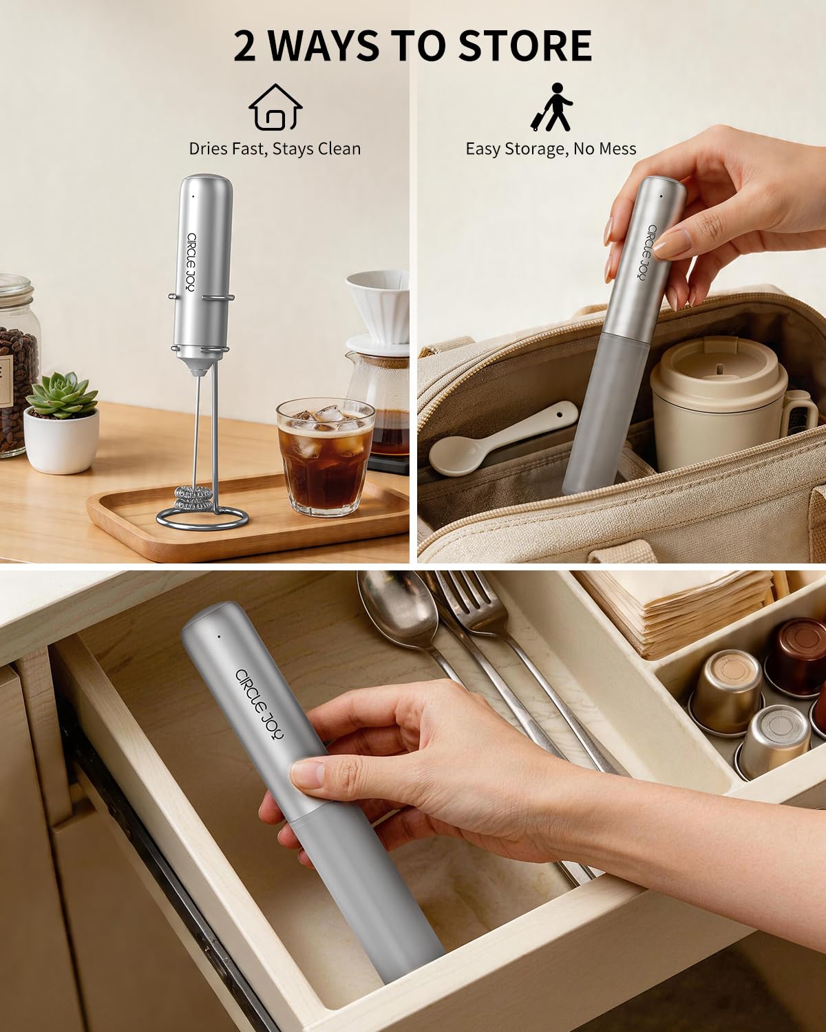 CIRCLE JOY Rechargeable Milk Frother Hanheld, Dual Coil Whisk Head Electric Coffee Frother, Portable Hand Frother Wand Drink Mixer for Matcha Lattes Cappuccino, Kitchen Gifts, Black