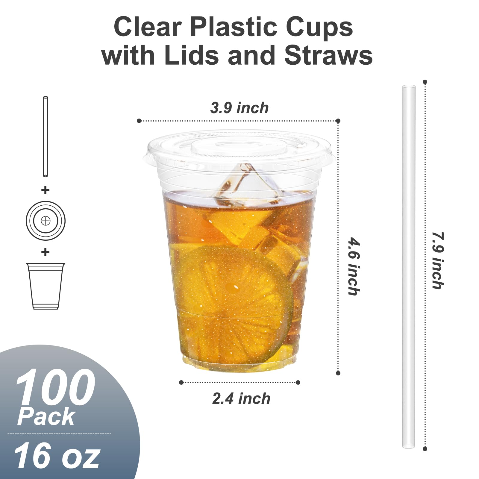 Dealusy 100 Pack - 20 oz Clear Plastic Cups with Lids and Straws, Sturdy & Food Safe Iced Coffee Cups with lids, Disposable Plastic Smoothie Cups for Cold Drinks