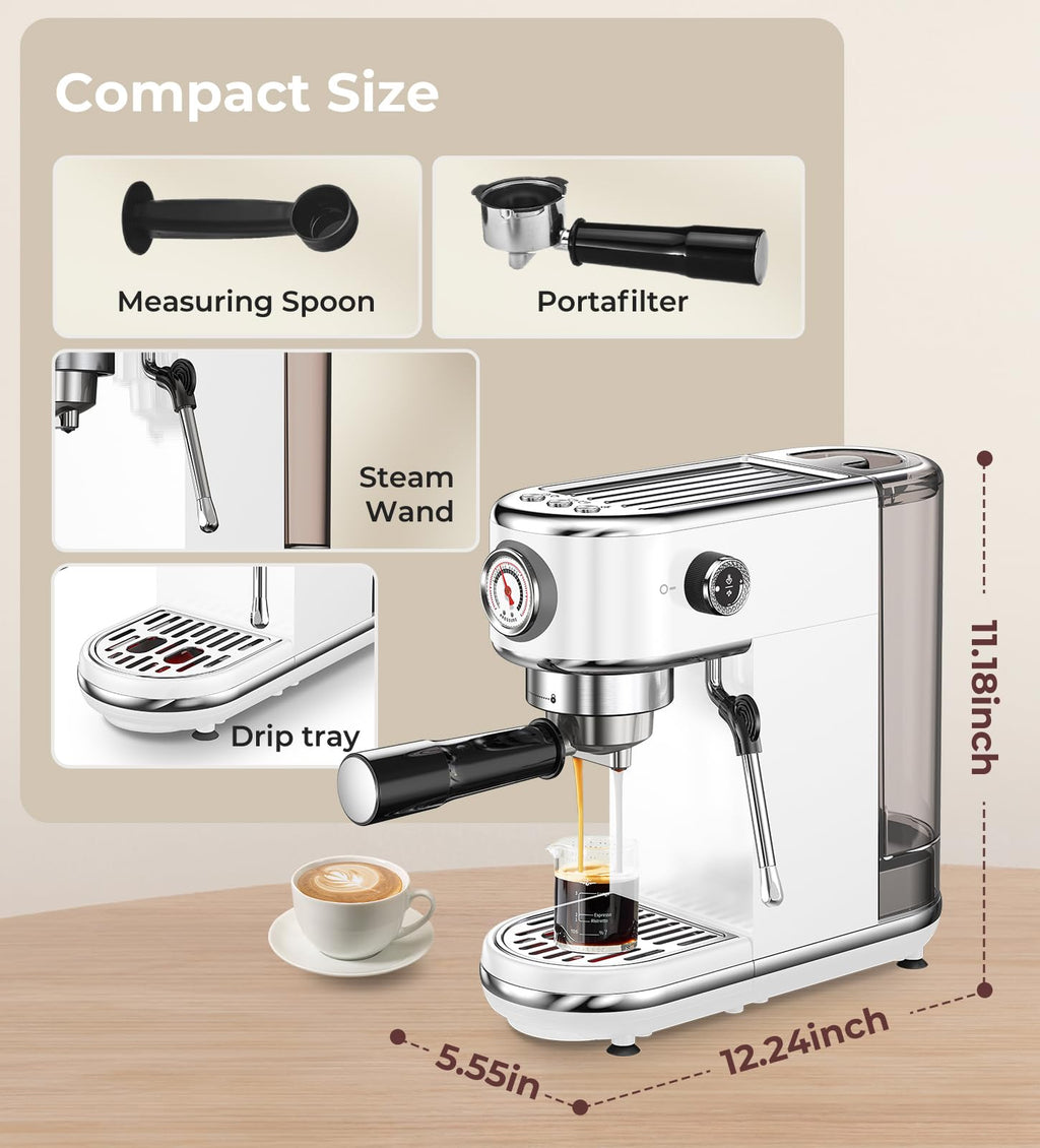 atatix Espresso Machine with Milk Frother, 20 Bar Pressure Espresso Maker, with 44OZ Removable Tank, Compact Stainless Steel Coffee Machine for Home, Office, Latte, Cappuccino, Macchiato, Silver