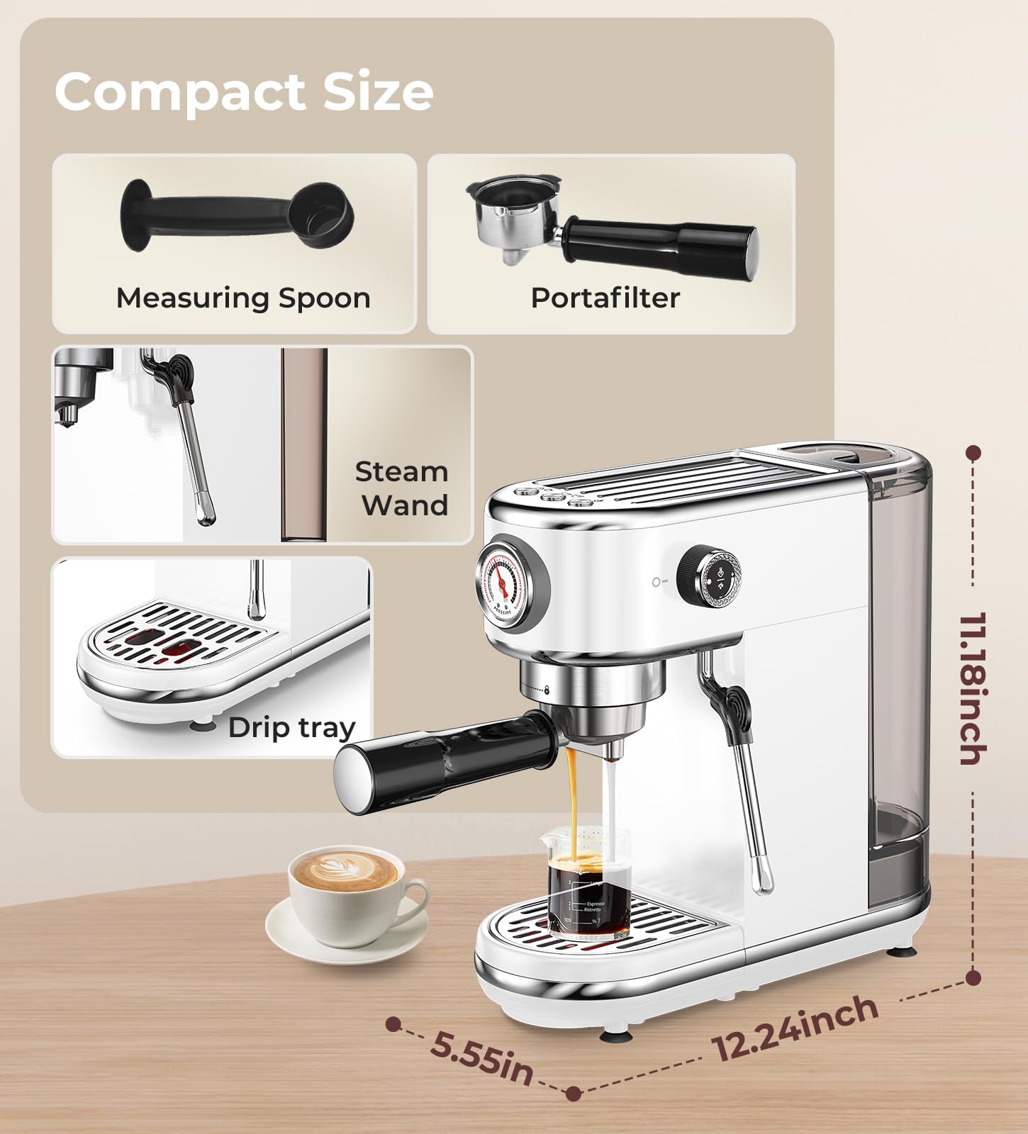atatix Espresso Machine with Milk Frother, 20 Bar Pressure Espresso Maker, with 44OZ Removable Tank, Compact Stainless Steel Coffee Machine for Home, Office, Latte, Cappuccino, Macchiato, Silver