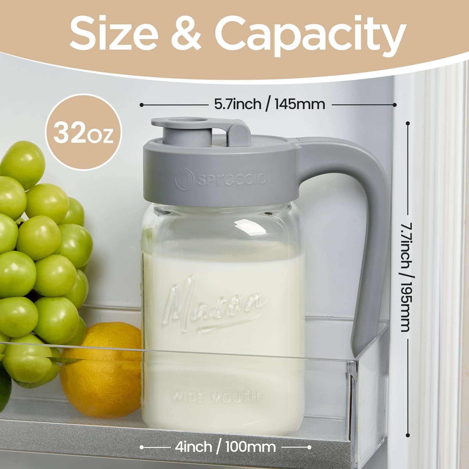 Mason Jar Pitcher - Airtight & Leakproof Glass Pitcher with Lid, Perfect for Breastmilk, Cold Brew, and Sun Tea, 2 Quart (64 oz) Mason Jar with Pour Spout Lid