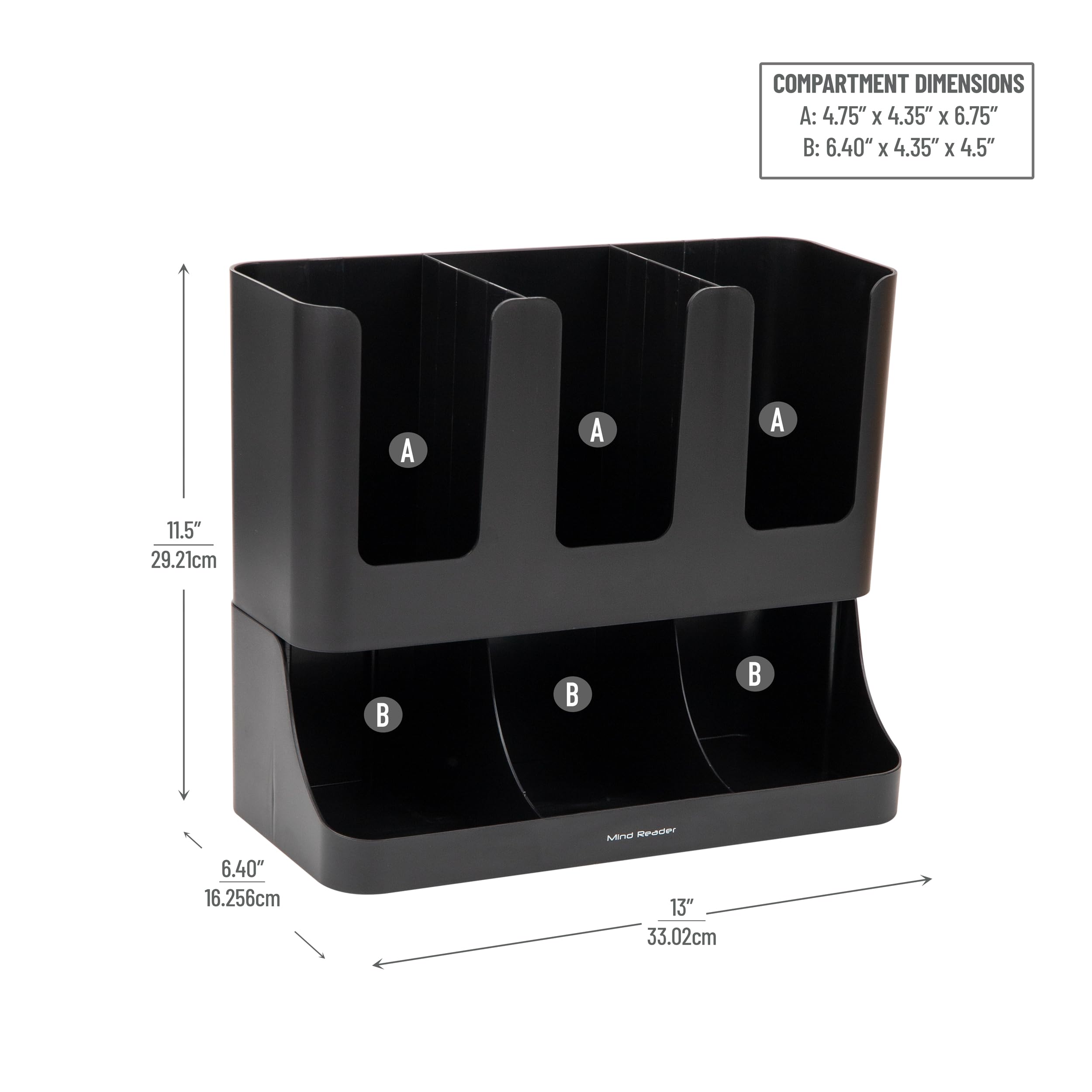 Mind Reader Condiment Station, 13 Inch Countertop Coffee Bar Organizer with 6 Compartments, Storage Caddy for Cups, Lids and Packets, Plastic, Black