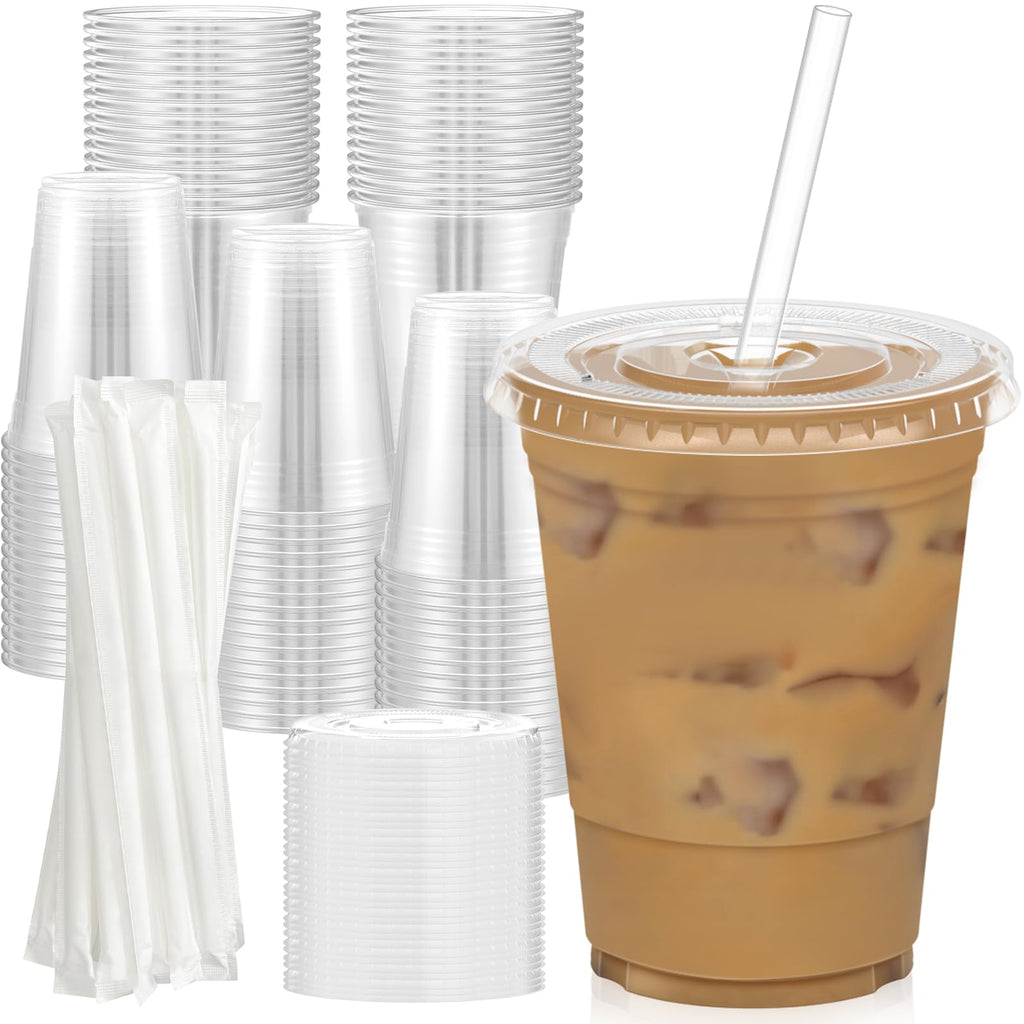 Dealusy 100 Pack - 20 oz Clear Plastic Cups with Lids and Straws, Sturdy & Food Safe Iced Coffee Cups with lids, Disposable Plastic Smoothie Cups for Cold Drinks