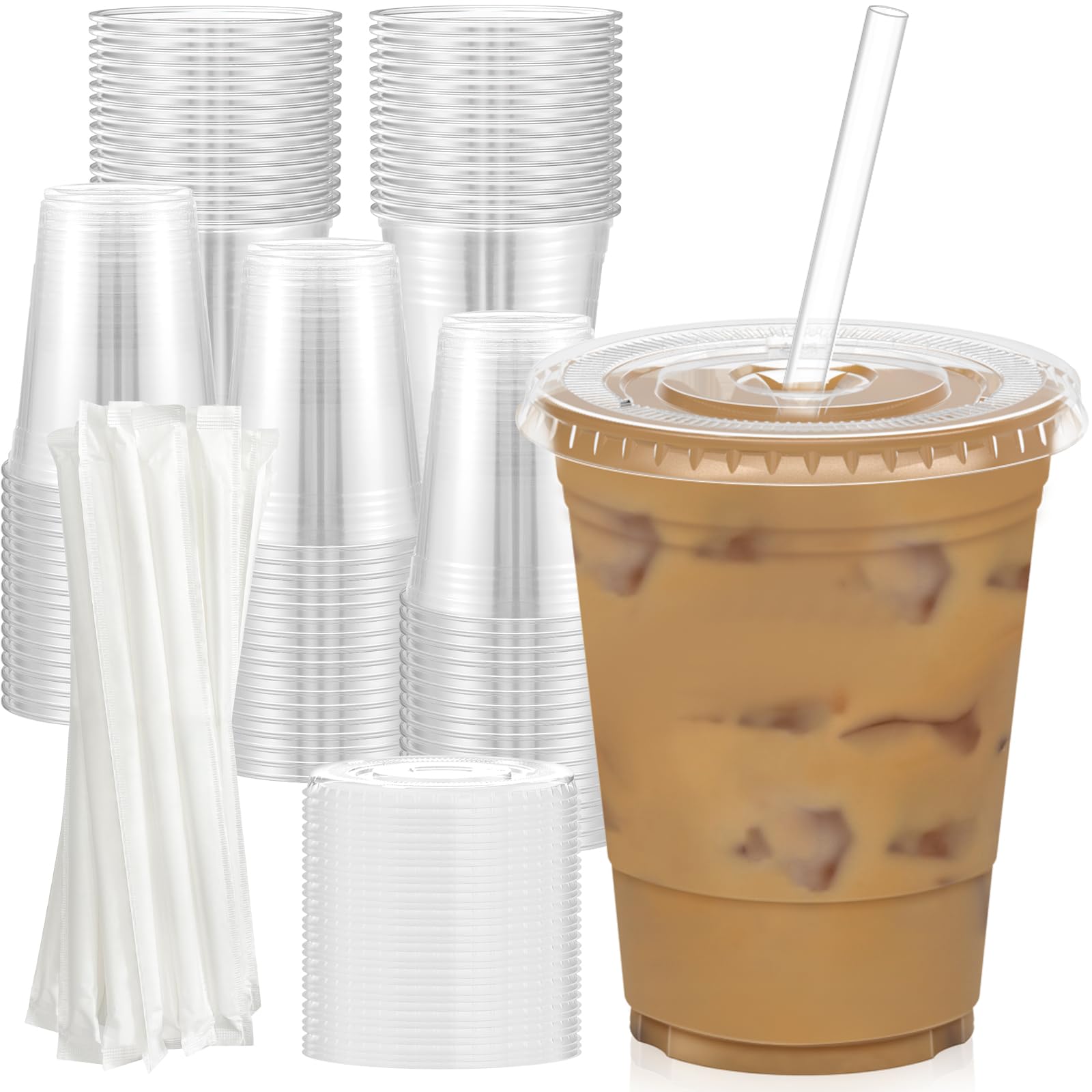 Dealusy 100 Pack - 20 oz Clear Plastic Cups with Lids and Straws, Sturdy & Food Safe Iced Coffee Cups with lids, Disposable Plastic Smoothie Cups for Cold Drinks
