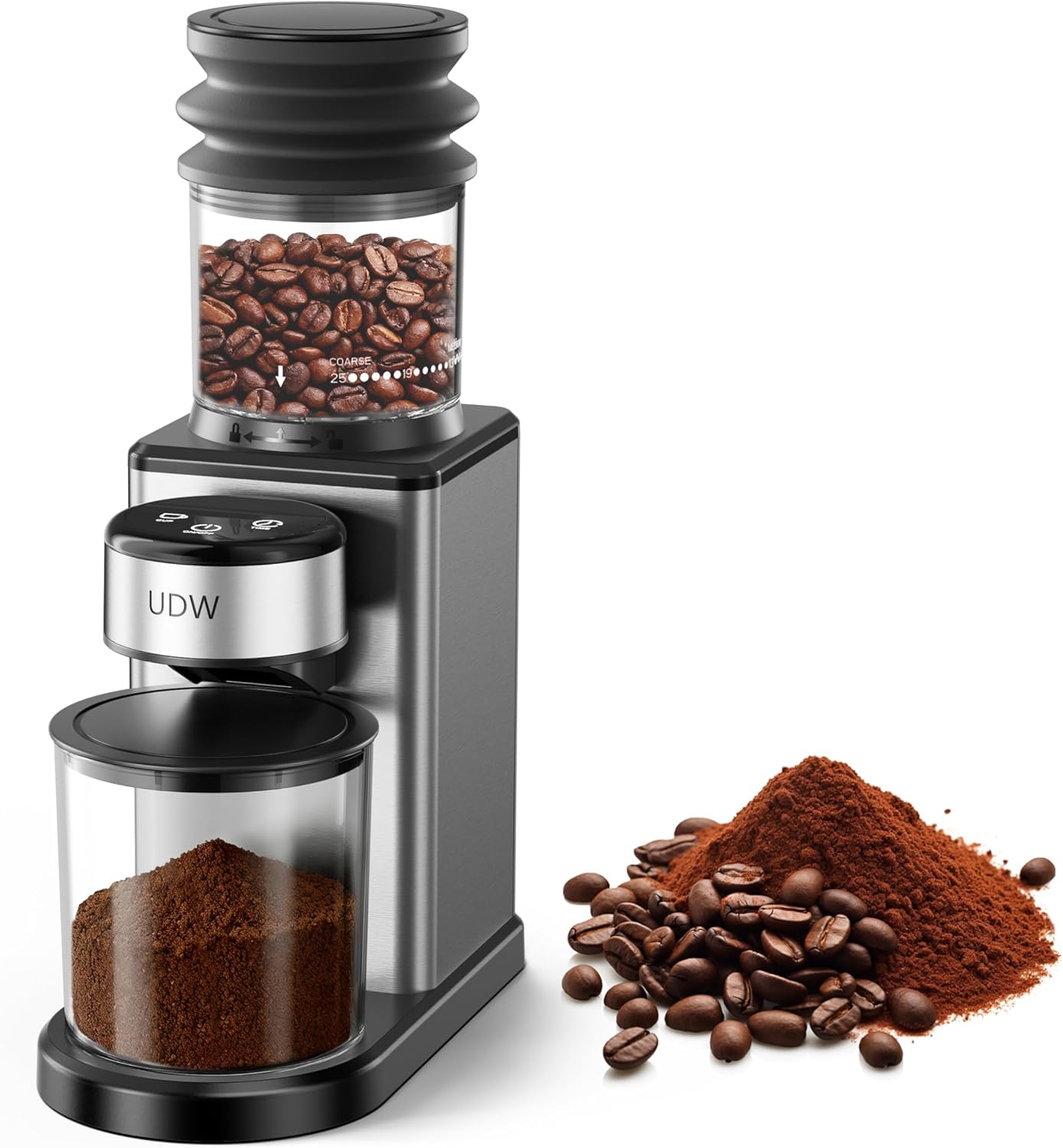 Home Coffee Grinder, Conical Burr Grinder with 25 Settings, 60-Second Timer, Stainless Steel, Anti-Slip Base, Anti-Static, Easy to Clean