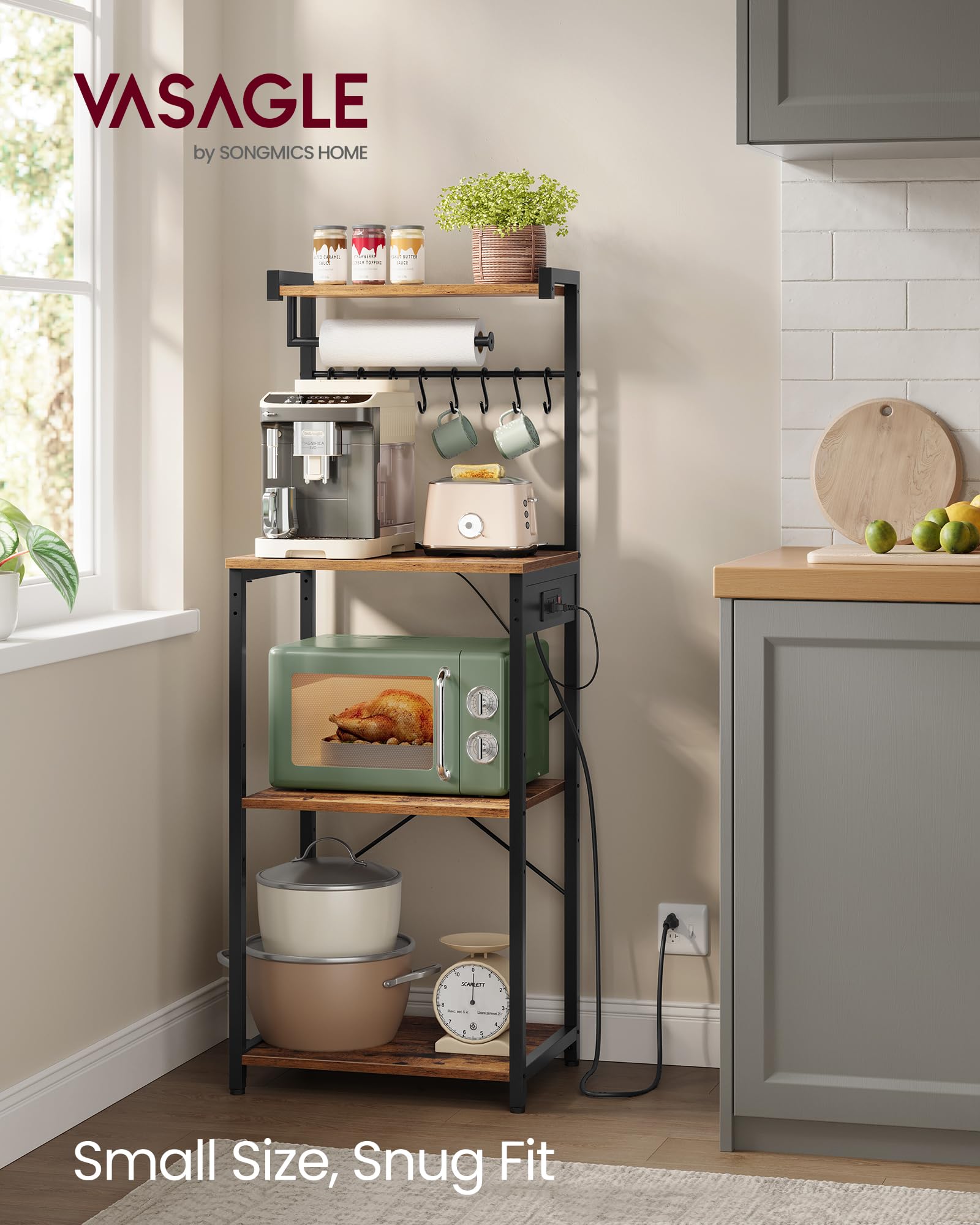 VASAGLE BARNET Collection - Kitchen Bakers Rack with Power Outlet, 31.5-Inch Wide Coffee Bar 4-Tier with 8 S Hooks, Modern Microwave Stand, Adjustable Shelf, Rustic Brown and Ink Black UKKS029KD01