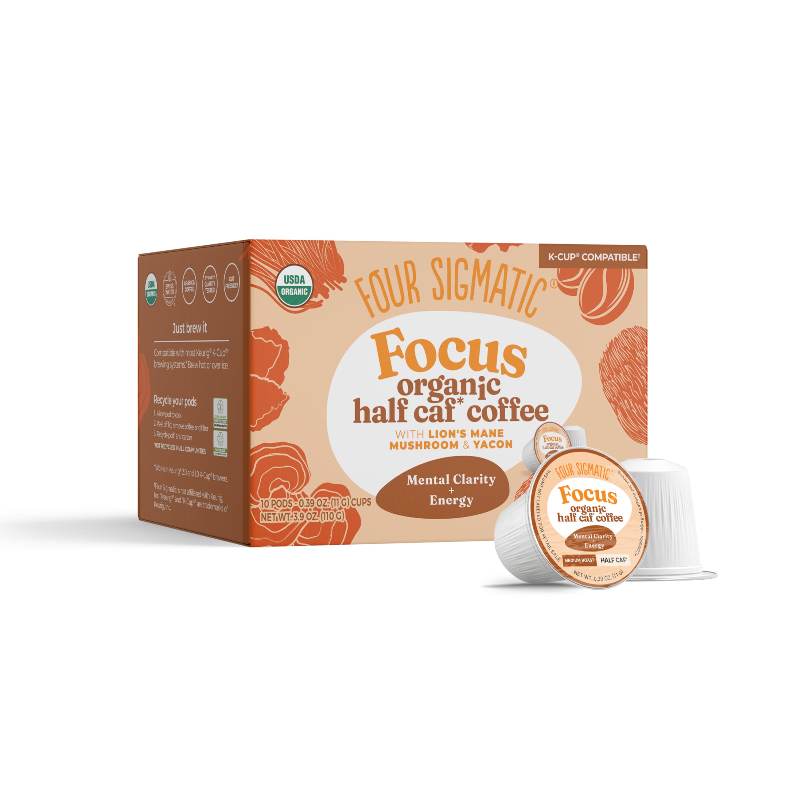 Four Sigmatic Mushroom Coffee K-Cups | Organic Dark Roast Coffee with Lion’s Mane Mushroom Powder & Yacon | Focus & Immune Support | Vegan & Keto | Sustainable Pods | 24 Count