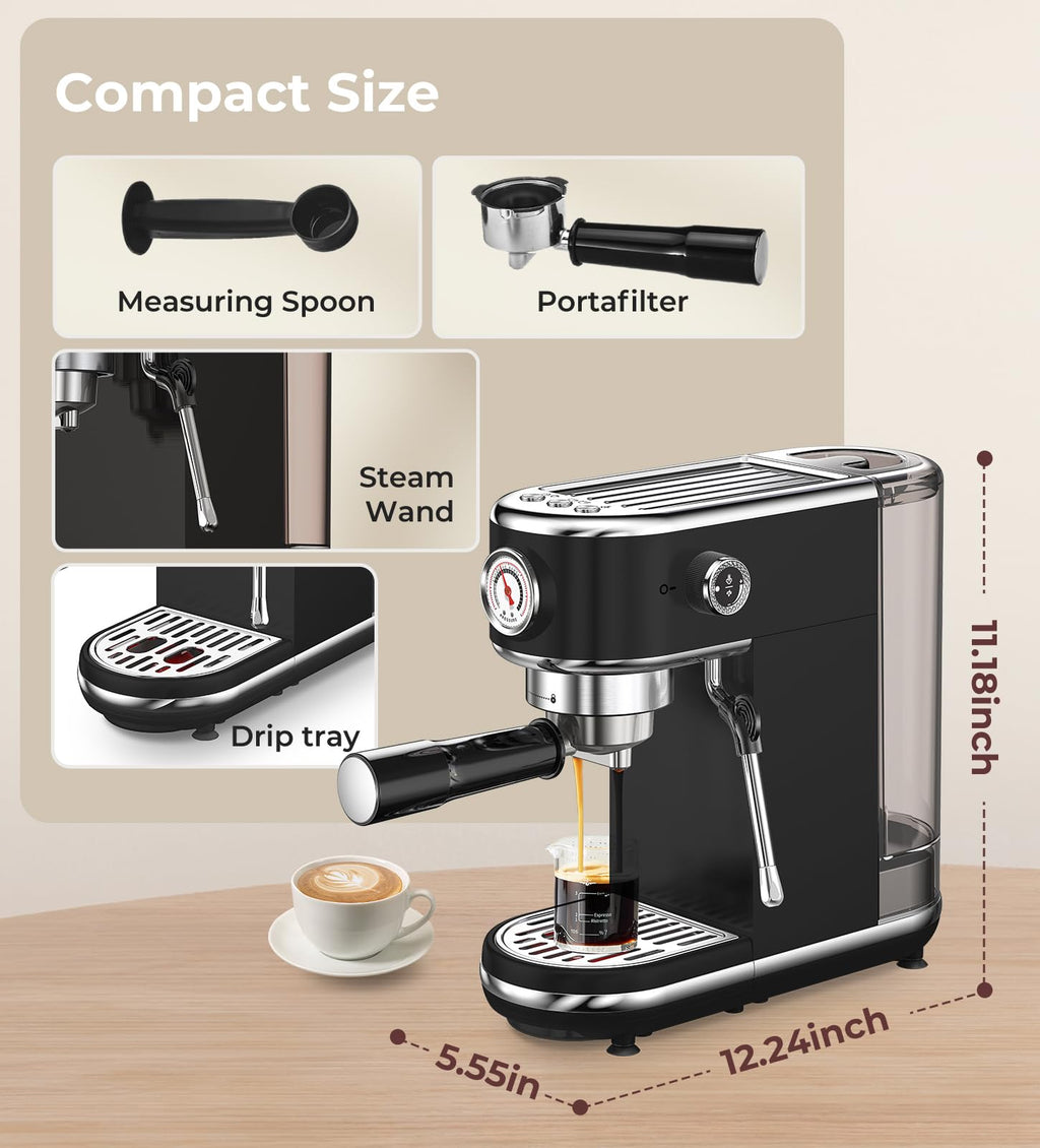 atatix Espresso Machine with Milk Frother, 20 Bar Pressure Espresso Maker, with 44OZ Removable Tank, Compact Stainless Steel Coffee Machine for Home, Office, Latte, Cappuccino, Macchiato, Silver