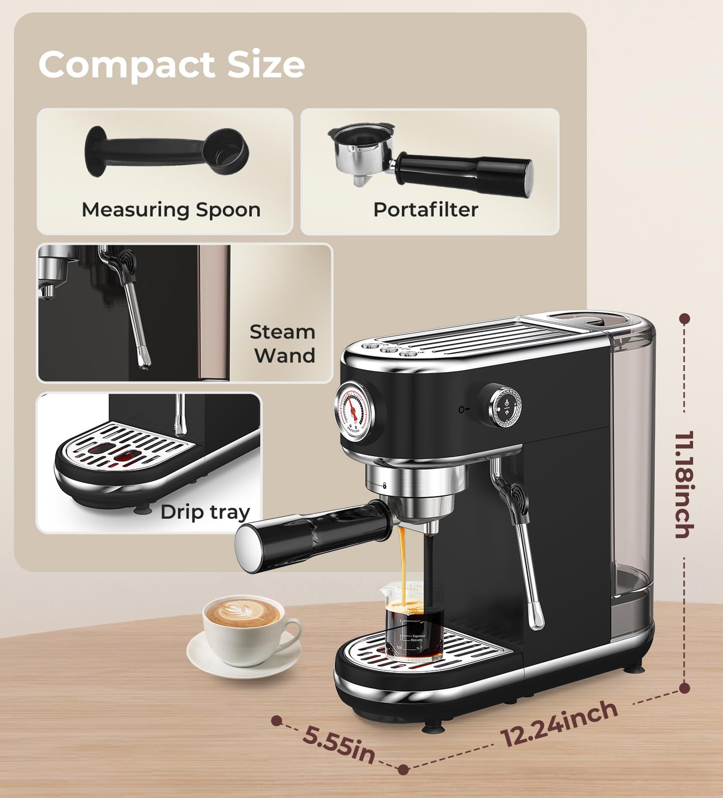atatix Espresso Machine with Milk Frother, 20 Bar Pressure Espresso Maker, with 44OZ Removable Tank, Compact Stainless Steel Coffee Machine for Home, Office, Latte, Cappuccino, Macchiato, Silver