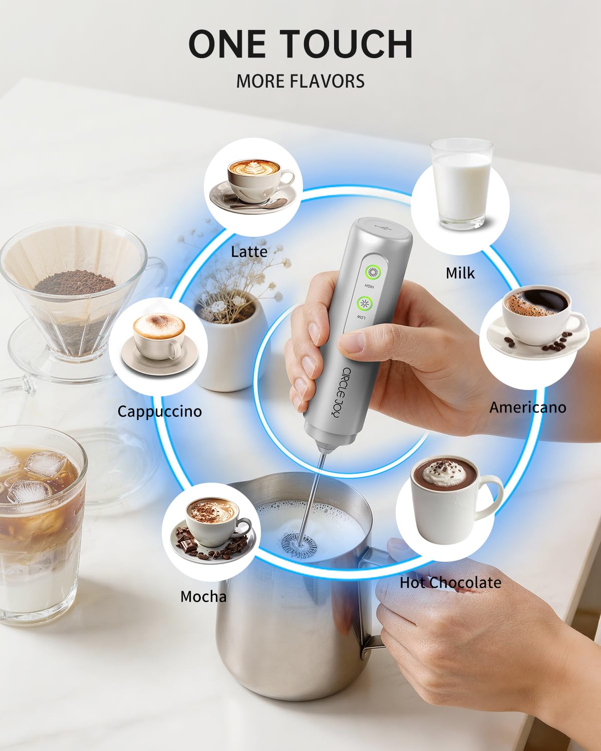 CIRCLE JOY Rechargeable Milk Frother Hanheld, Dual Coil Whisk Head Electric Coffee Frother, Portable Hand Frother Wand Drink Mixer for Matcha Lattes Cappuccino, Kitchen Gifts, Black