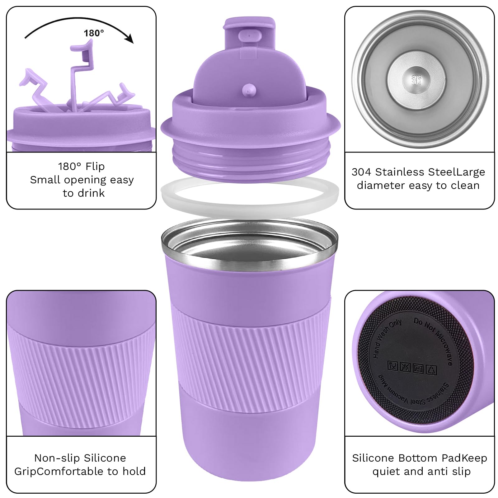 YINBAOGE Insulated Travel Coffee Mug, Spill & Leak Proof, Portable To Go Camping Stainless Steel Coffee Tumbler, Reusable Thermal Coffee Cup with Lid for Hot & Cold Drinks (Black, 12 OZ)