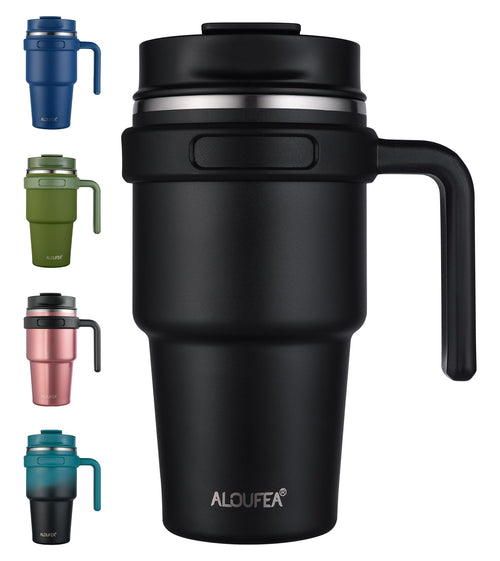 20 oz Insulated Coffee Mug Tumbler with Handle, Stainless Steel Travel Mug Tumbler with Lid and Straw,Double Wall Vacuum Leak Proof Ice Coffee Thermal Cup, Black