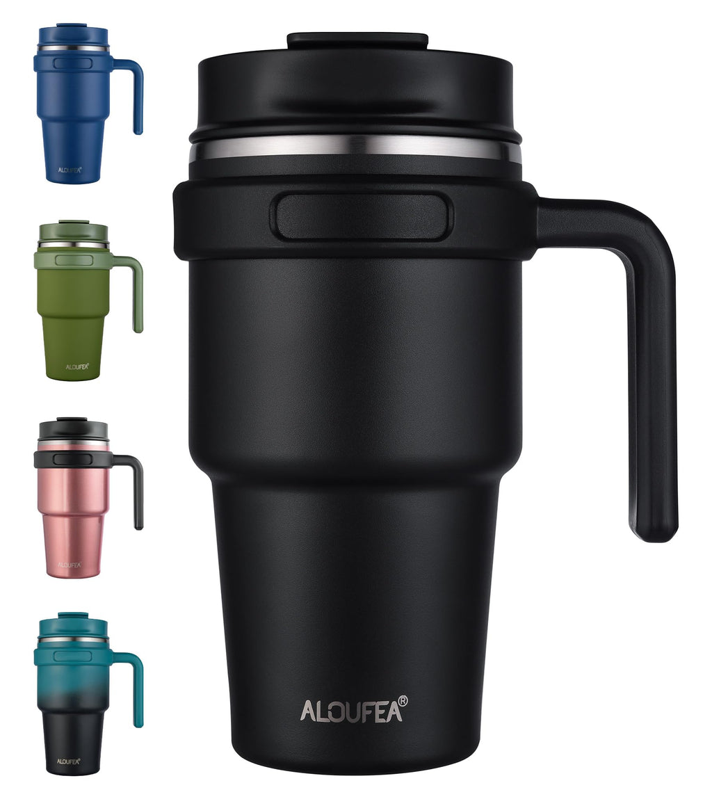 20 oz Insulated Coffee Mug Tumbler with Handle, Stainless Steel Travel Mug Tumbler with Lid and Straw,Double Wall Vacuum Leak Proof Ice Coffee Thermal Cup, Black