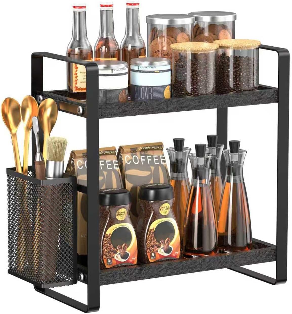 LEMIKKLE Coffee Station Organizer with Pod Holder and Drawer, Kitchen Countertop Organizer, Coffee Bar Accessories Station with Coffee Pod Storage, 2-Tier Wood Coffee Organizer With 6 Hooks
