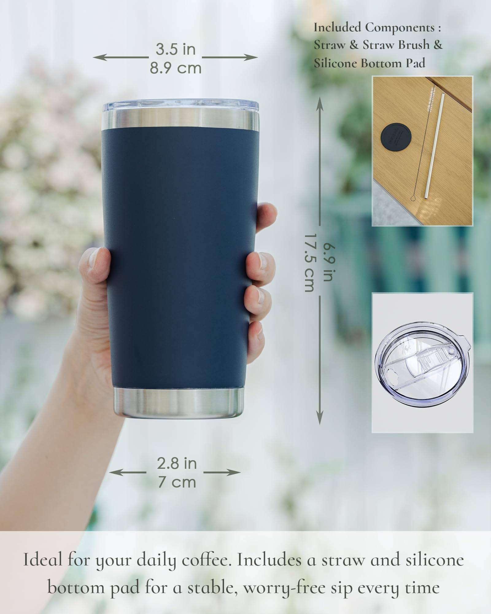 Travel Coffee Tumbler 20oz, Travel Coffee Mug with Dual Lids and Straw, Stainless Steel Double Wall Vacuum Insulated Tumbler for Hot/Iced Drinks (Textured Matte, Navy Blue)