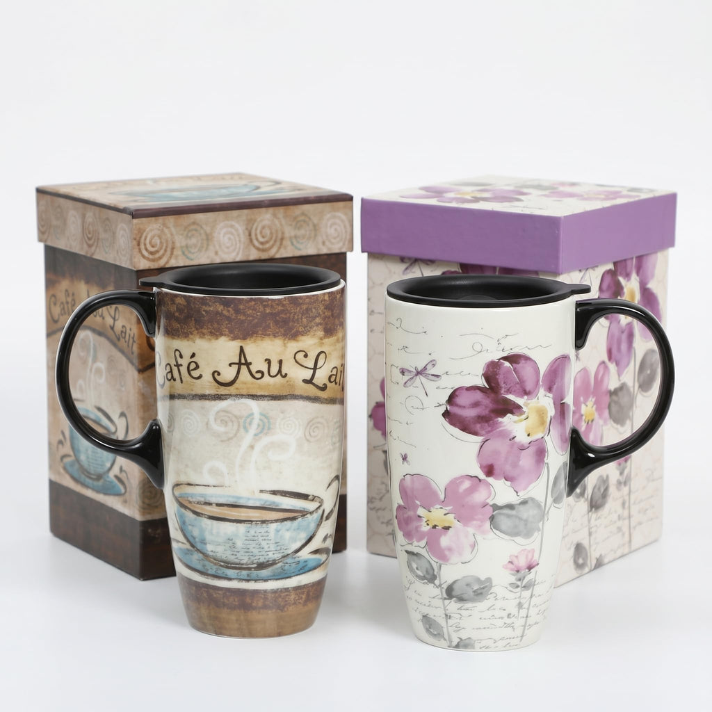Topadorn 17oz Ceramic Travel Mug with Lid, Tall Ceramic Coffee Mug with Handle, Purple Floral Coffee Cup with Gift Box
